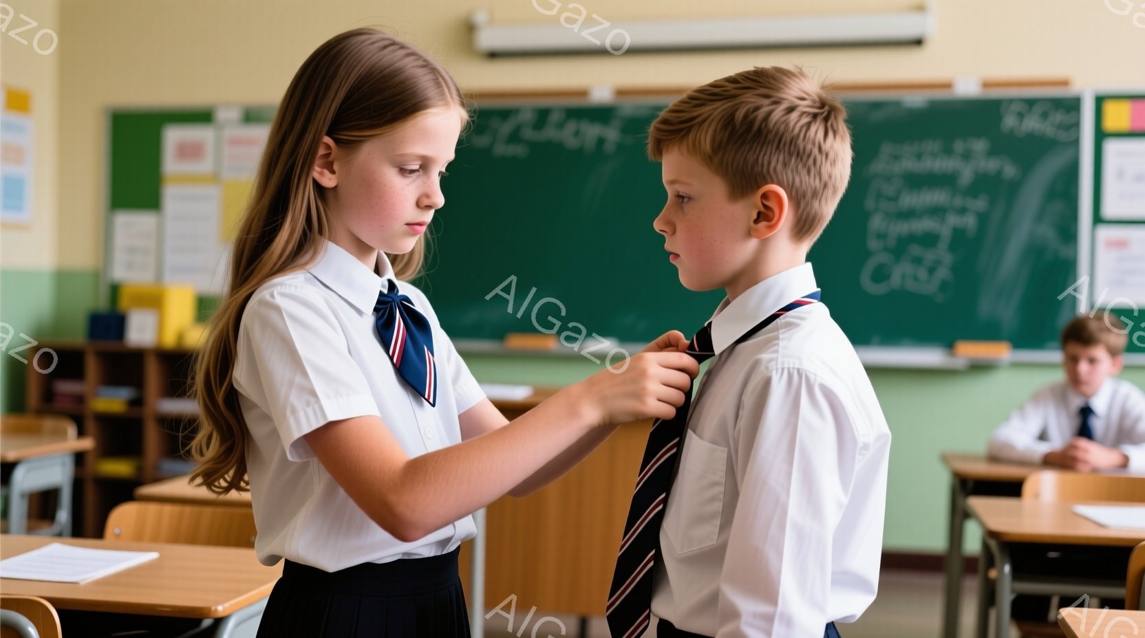 制服を着た少女が、ネクタイを締めるのに苦労している少年を助けています。少女は長い茶色の髪を後ろで結び、真剣な表情で少年のネクタイに集中しています。教室の背景には机と椅子が並び、黒板には文字が書かれてお - AI生成フリー素材