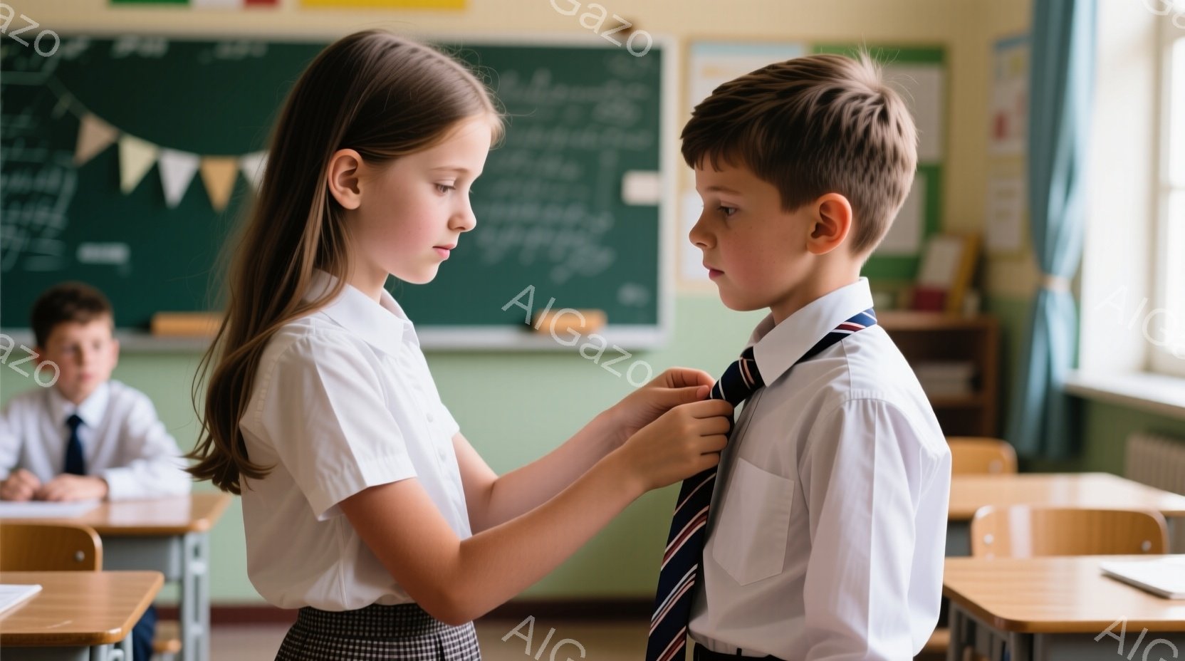 茶髪の少女が、紺色のネクタイを締めるのを手伝っている男の子の前に立っています。少女は白いシャツにグレーのプリーツスカートを着ており、男の子は白いシャツにネクタイとズボンを着用しています。背景には教室があり、他の生徒が机で勉強しており、壁には掲示物が見えます。