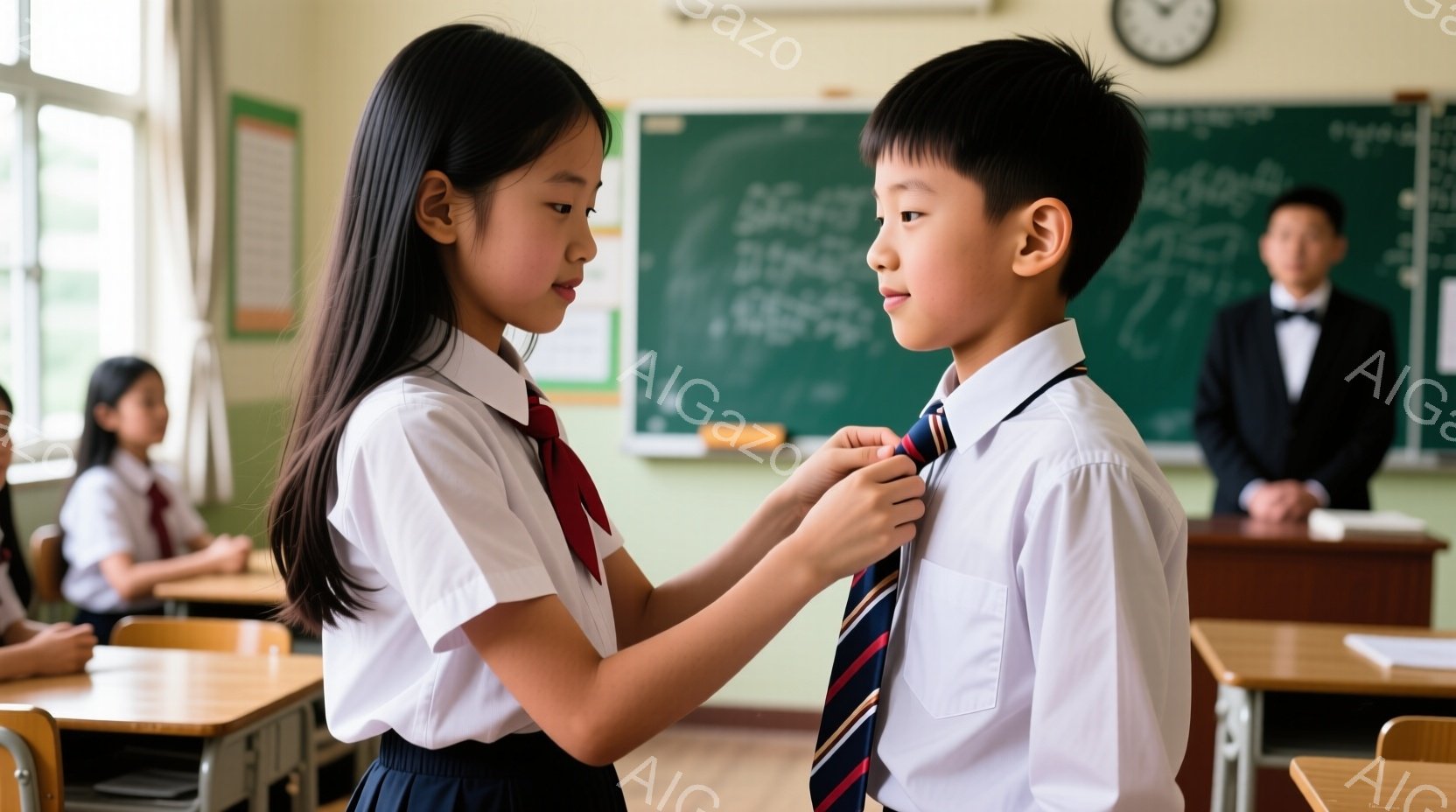制服を着た女子生徒が、男子生徒のネクタイを直している場面です。女子生徒は黒髪を後ろでまとめ、白いブラウスとスカート、赤いネクタイを着用しています。教室の中には木製の机と椅子が並び、黒板には文字が書かれています。