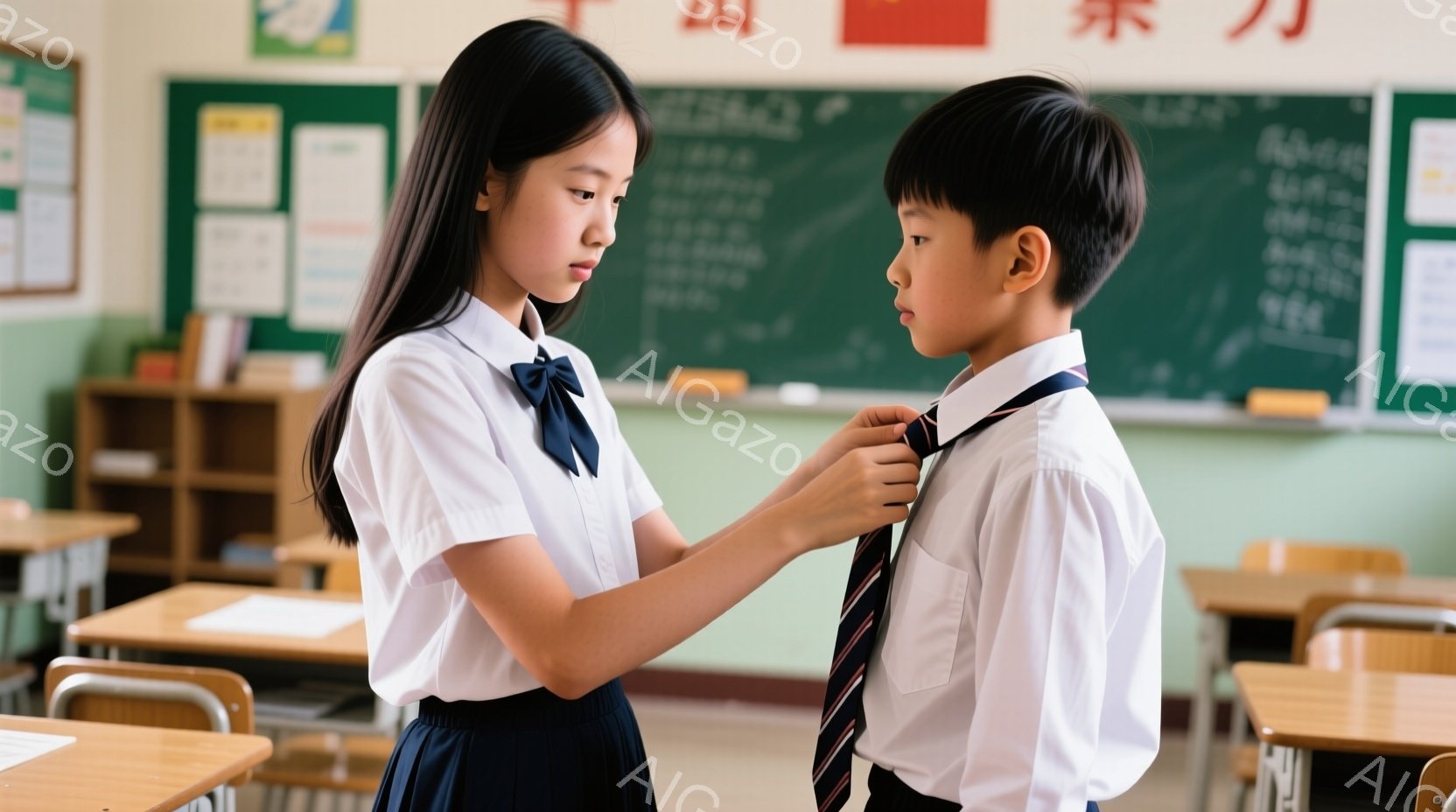 少女が少年につけ襟を締めてあげています。彼女は紺色のリボンと白いブラウス、紺色のスカートという制服を着ており、ロングヘアを後ろでまとめています。少年は白いシャツと紺色のズボンを着ており、真剣な表情で彼 - AI生成フリー素材