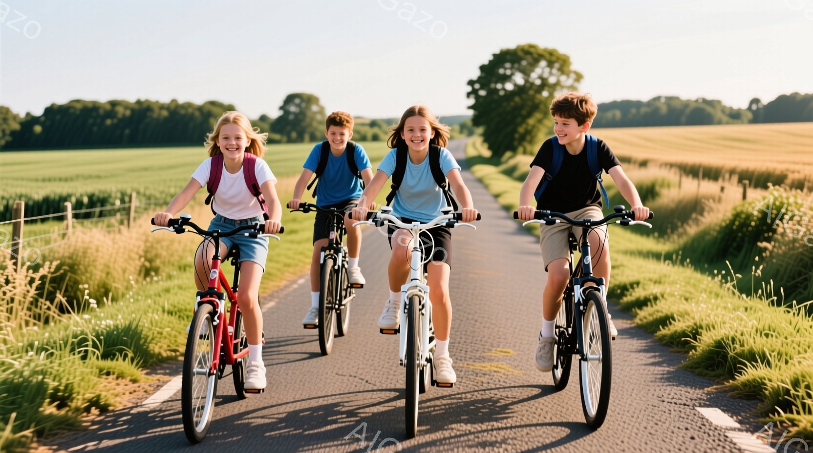３人の子どもたちがアスファルトの道で自転車に乗っている。彼らは皆、Tシャツとショートパンツを着ており、背中にリュックサックを背負っている。背景には緑豊かな草原と畑が広がり、晴天の下、爽やかな夏の雰囲気 - AI生成フリー素材