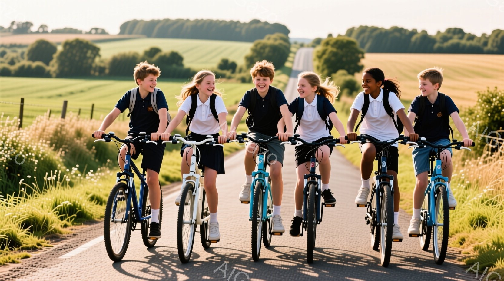 五人の子供たちが、青い自転車に乗り、田舎道を並んで走っている。子供たちは皆、白いシャツに紺色のズボンまたはスカートを着用し、肩にリュックサックを背負っている。背景には緑豊かな田園風景が広がり、晴れた空の下、明るく陽気な雰囲気が漂っている。