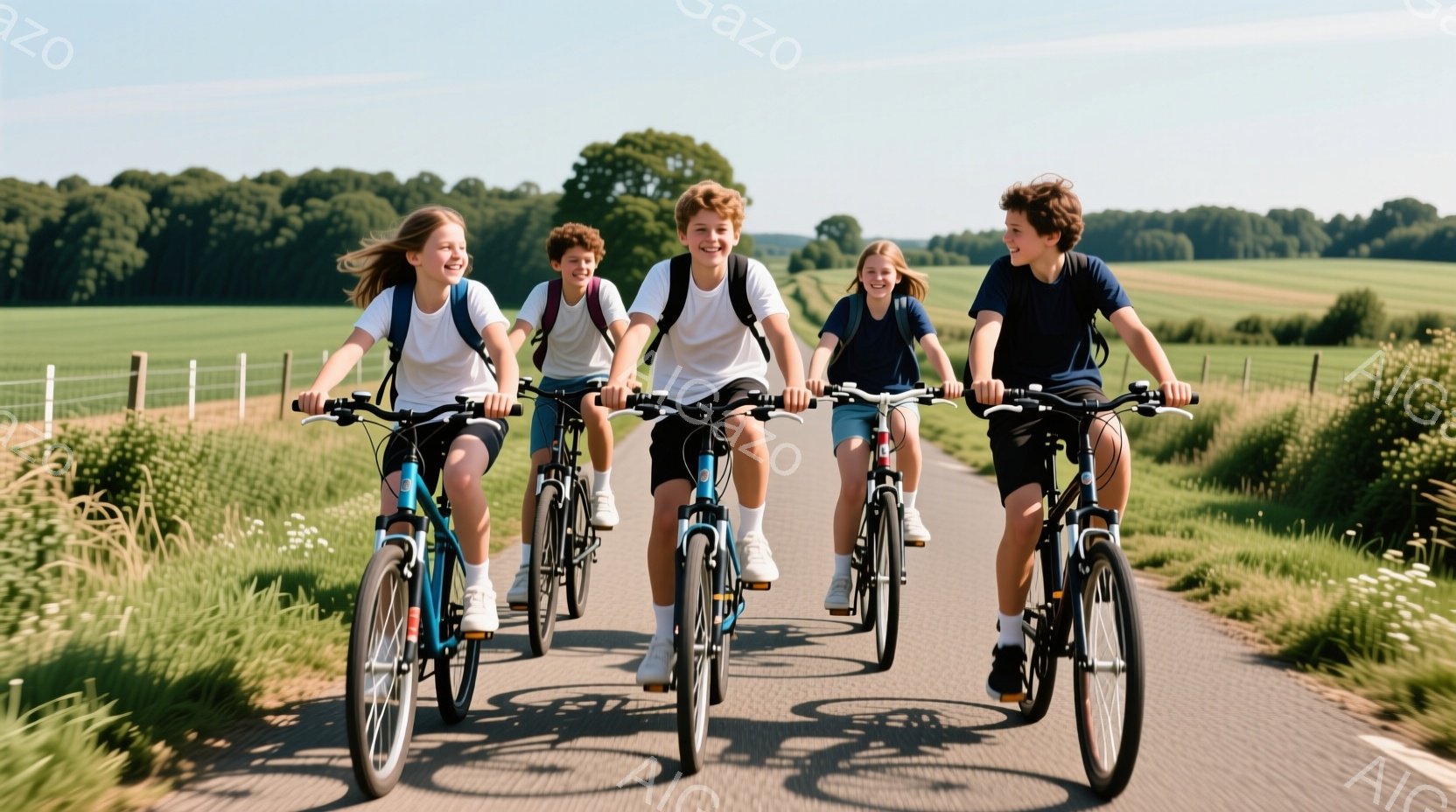 四人の子供たちがアスファルトの道で自転車に乗っている写真です。子供たちは皆、白いTシャツと紺色または黒色のショーツ、バックパックを身につけ、笑顔で前を見据えています。背景には緑豊かな田園風景が広がり、晴れた空の下、子供たちは活気に満ちた雰囲気でサイクリングを楽しんでいます。