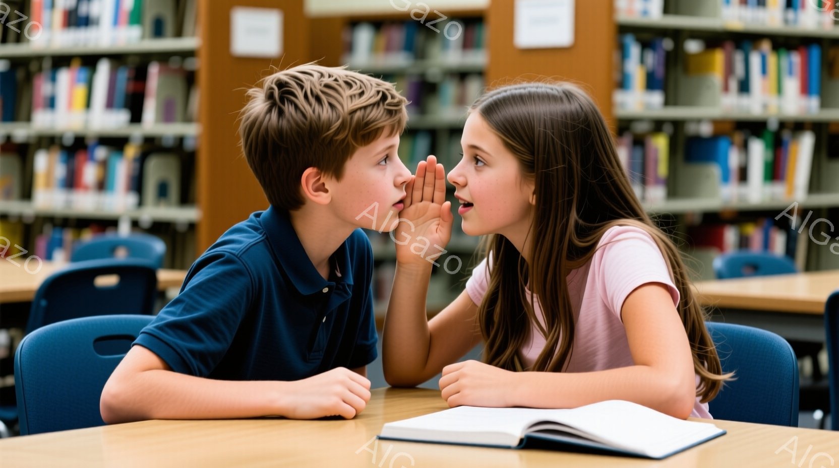 赤毛の少年と茶色の髪の少女が図書館のテーブルで向かい合って座っており、少女が少年の耳元で何かをささやいています。少年は青いポロシャツを着ており、少女はピンク色のTシャツを着ています。背景には本棚が並び - AI生成フリー素材