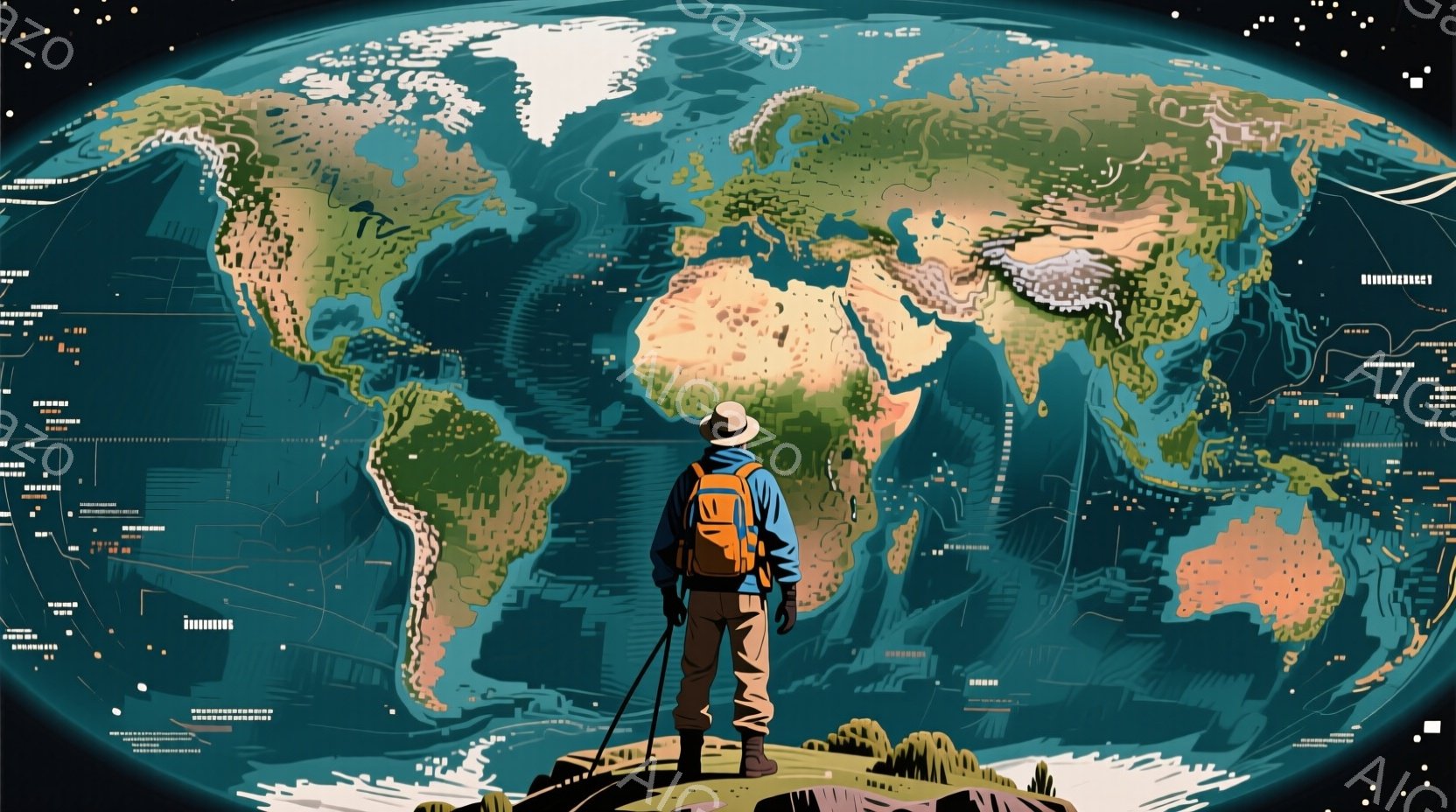背の高い男性が緑色の丘の上に立っており、背中にはオレンジ色のバックパックを背負い、帽子をかぶっています。彼は遠くの地球を見つめており、その地球は鮮やかな色で描かれ、複雑なネットワークのような光の線が背景に広がっています。 全体的に、壮大で希望に満ちた、未来的な冒険の雰囲気が漂っています。