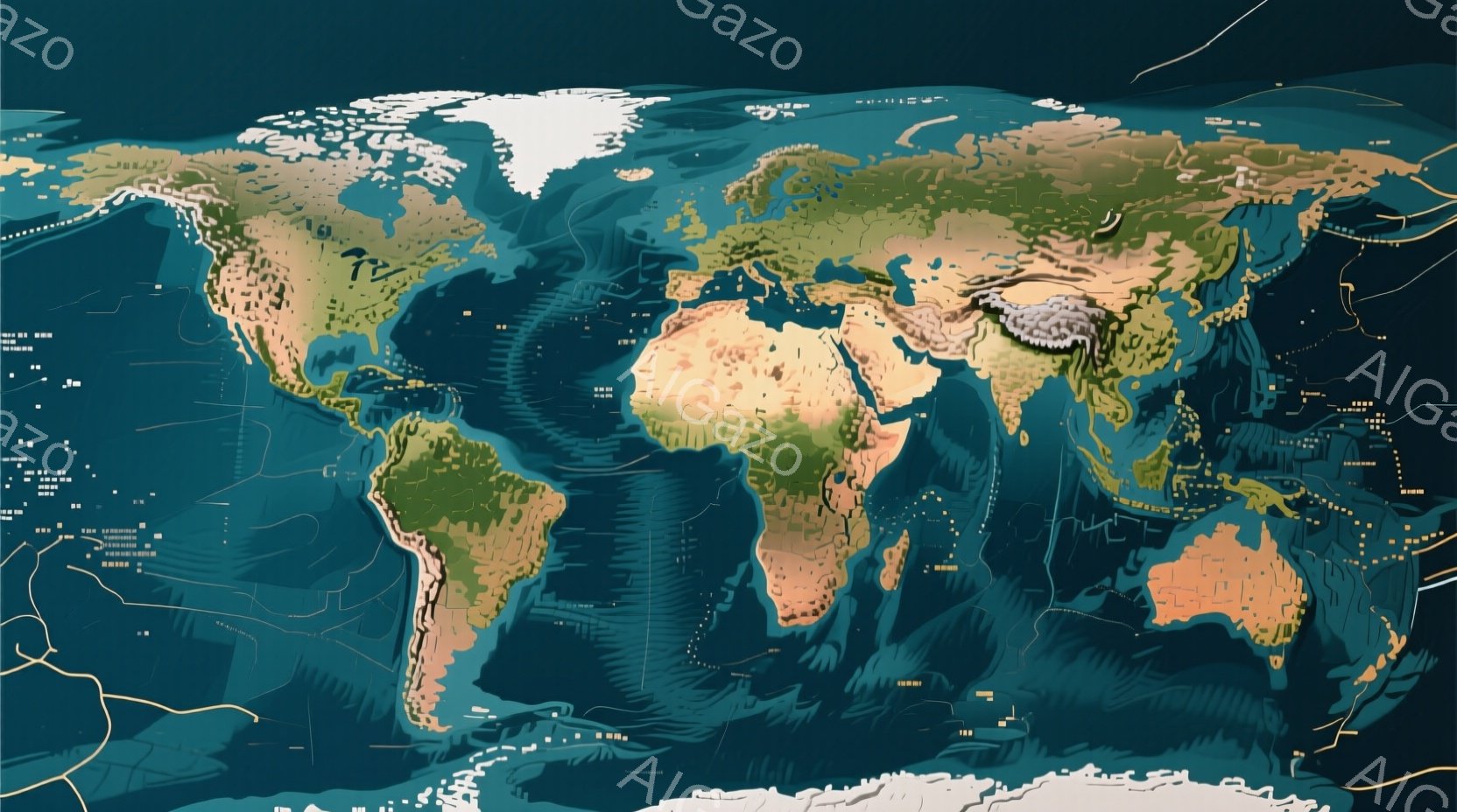 水色と茶色がかった背景を背景にした世界地図です。大陸は緑、茶色、ベージュの色合いで表現され、細部にわたる地形が描かれています。地図全体には、小さな白い長方形が散りばめられ、何らかのデータポイントやマーカーを示唆しています。