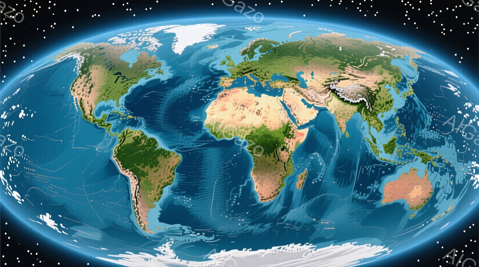 地球全体のイラストレーションで、緑の陸地と青い海洋が特徴的です。北極と南極には白い氷が描かれ、雲が地球を覆うように配置されています。全体的に、地球の壮大さと美しさを強調した、鮮やかで写実的な表現です。