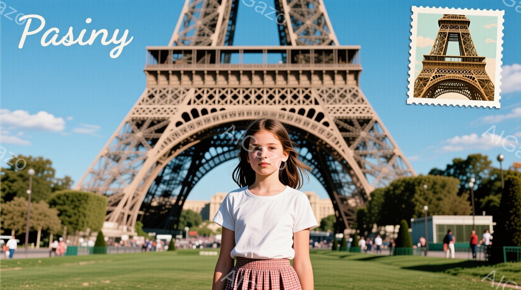 若い女の子がエッフェル塔を背景に立っている。白いTシャツと赤いチェック柄のスカートを着ており、長い茶色の髪は肩にかかっている。彼女は正面を向いており、穏やかで控えめな表情をしている。