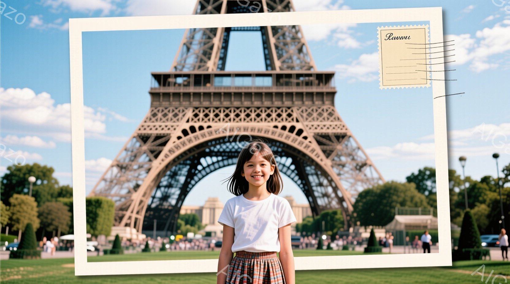 エッフェル塔を背景に立つ若い女性が写っています。彼女は白いTシャツとチェック柄のスカートを身に着け、髪は肩まで伸びたストレートヘアで、笑顔でカメラに向かって立っています。背景には緑の芝生と木々が広がり、青空の下、パリの穏やかな雰囲気が伝わってきます。