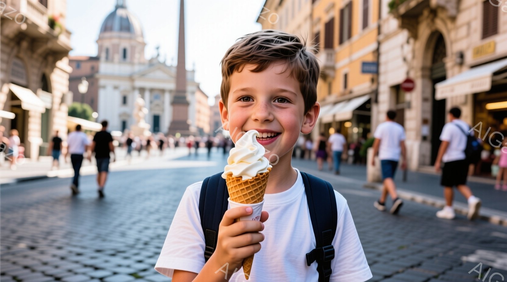 少年はアイスクリームを手に、満面の笑みを浮かべている。白いTシャツと黒いバックパックを身につけ、太陽の下で楽しんでいる様子が伺える。背景には石畳の道と歴史的な建物が広がり、晴れた空の下、活気のある街並みが広がっている。