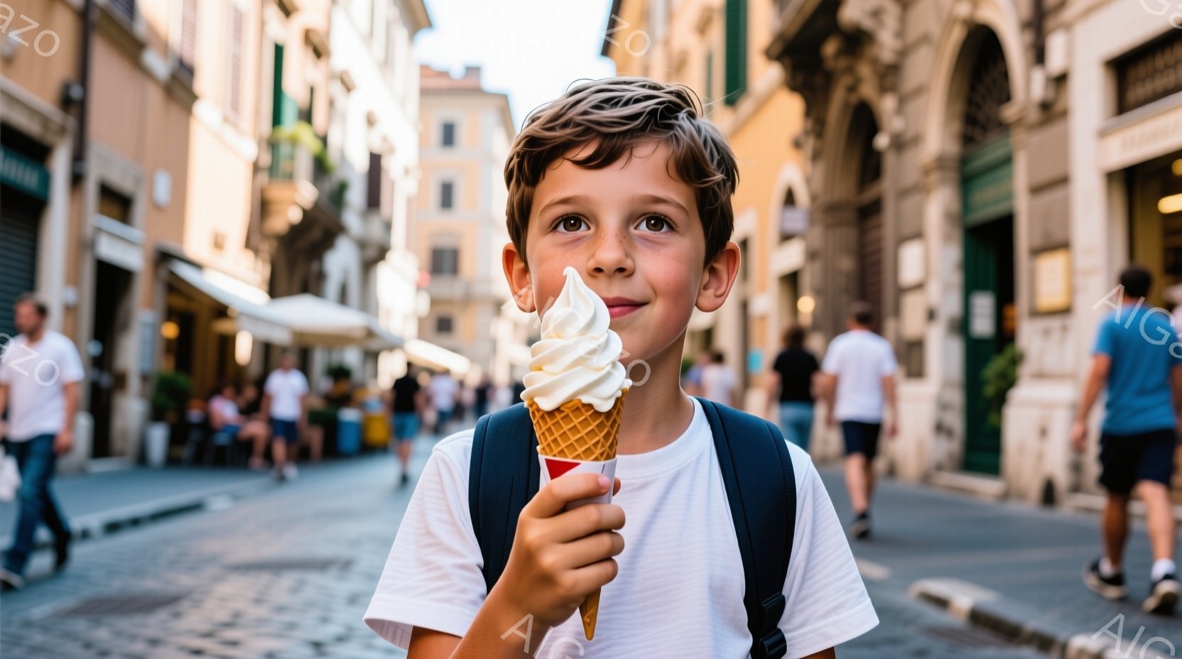 若い少年がアイスクリームを片手に、カメラの方を見て微笑んでいます。彼は白いTシャツと黒いバックパックを着ており、髪は短くカールしています。背景には石畳の道とカラフルな建物が並び、晴れた日の賑やかな街並 - AI生成フリー素材