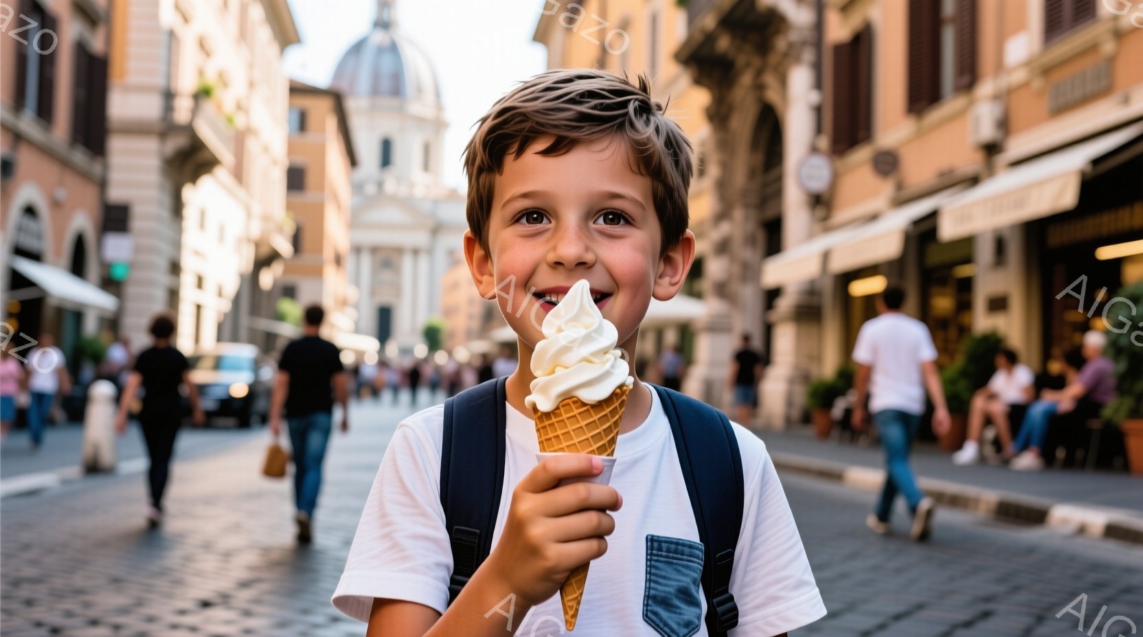 少年は、アイスクリームを片手に、カメラに向かって笑顔で立っています。白いTシャツと紺色のバックパックを背負い、明るい茶色の髪は短く整えられています。背景には石畳の道とヨーロッパ風の建物が並び、晴れた日 - AI生成フリー素材