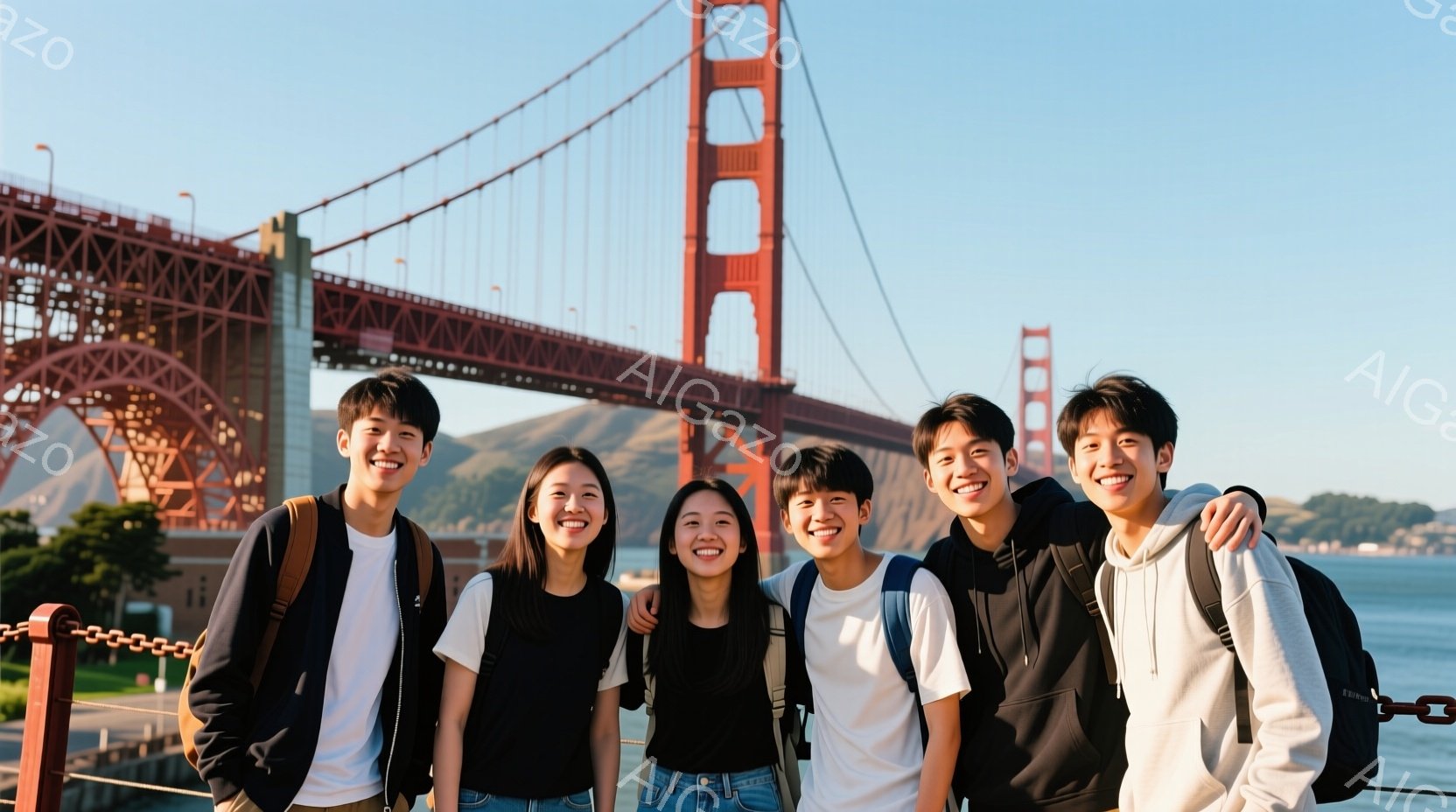 5人の若い男女が、ゴールデンゲートブリッジを背景に肩を組んで笑顔で写っている。彼らは皆、バックパックを背負い、カジュアルな服装で、白いTシャツや黒いパーカーを着ている。晴れた空と青い海が広がり、暖かく、明るい雰囲気が漂っている。