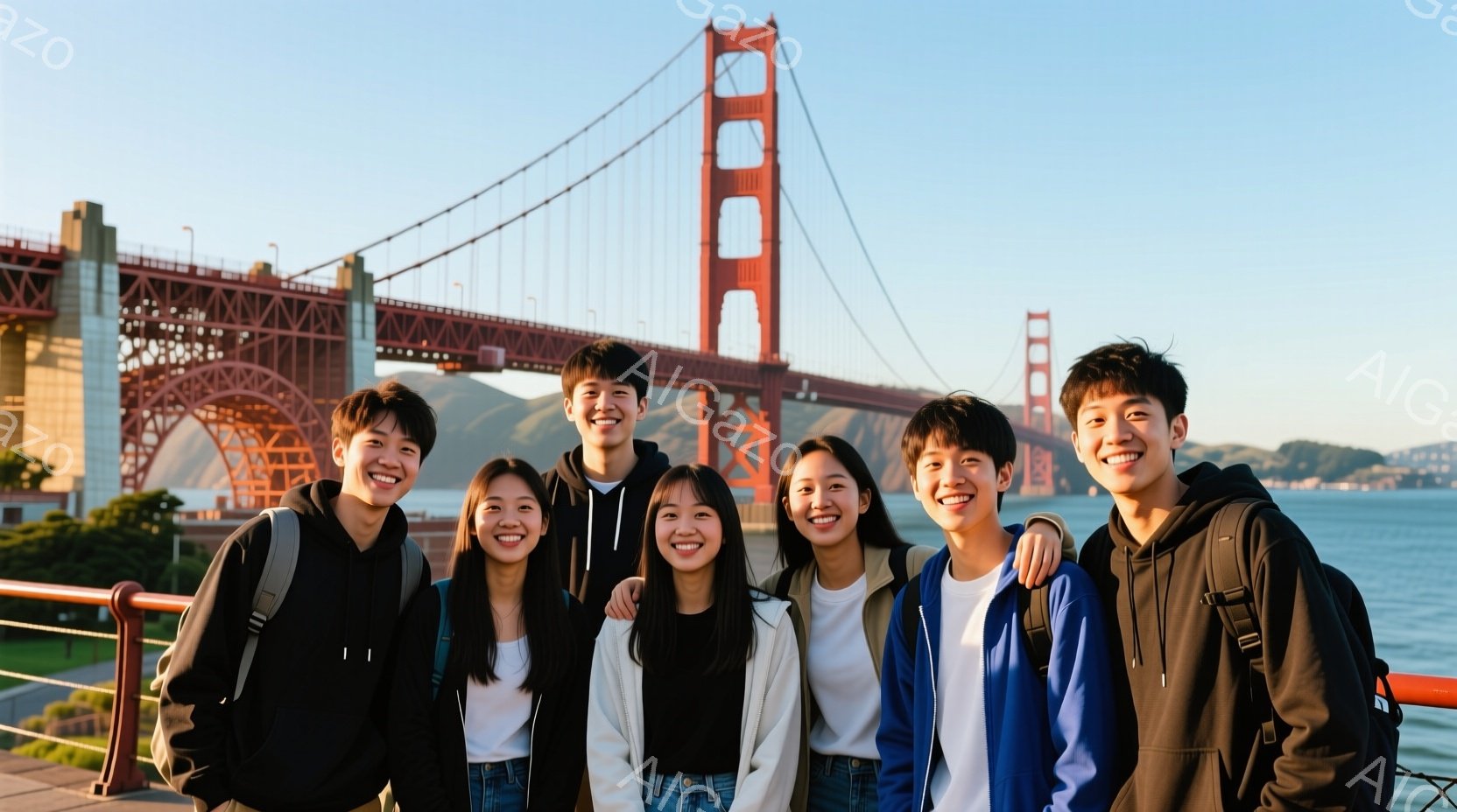 6人の若者が金門橋を背景に肩を組んで笑顔で写っています。彼らは皆、カジュアルな服装で、デニムジーンズにジージャンやパーカーを着ています。晴れた空と穏やかな海、そして夕暮れ時の柔らかな光が、温かく親しげ - AI生成フリー素材