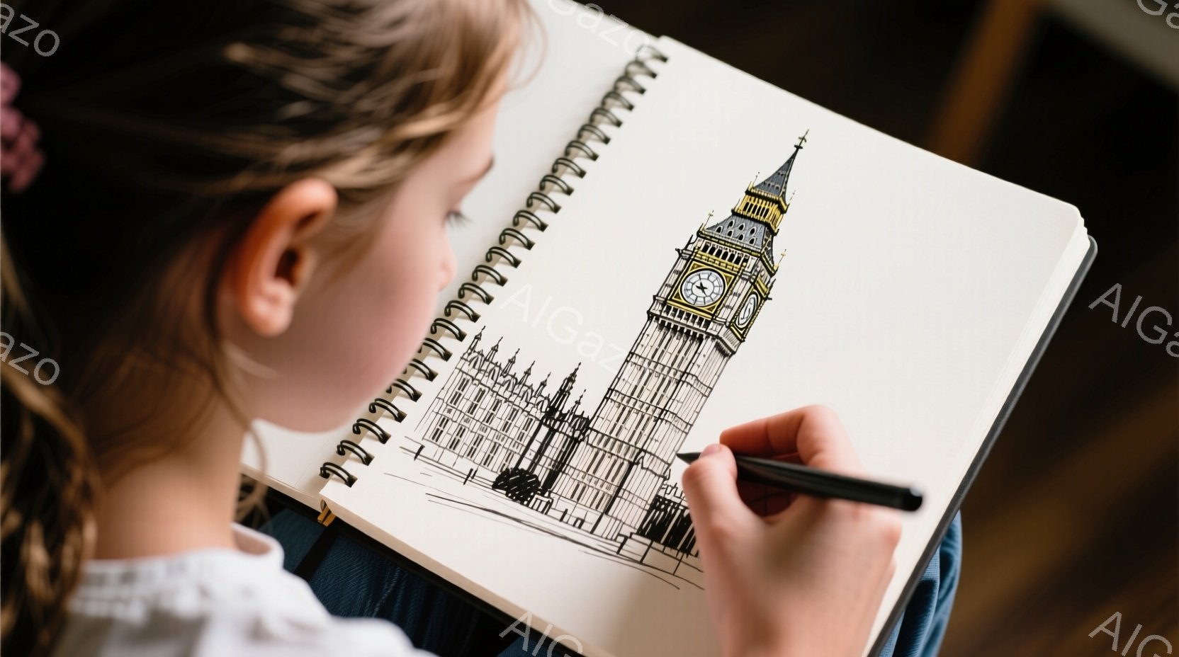 茶髪の少女がビッグベンの精密な線画を描いている様子が写っている。彼女は白い襟のブラウスを着ており、髪は後ろで結ばれている。少女は集中して線画に筆を走らせ、その姿勢は真剣で、背景はぼやけているため、焦点は少女の創作活動に当てられている。