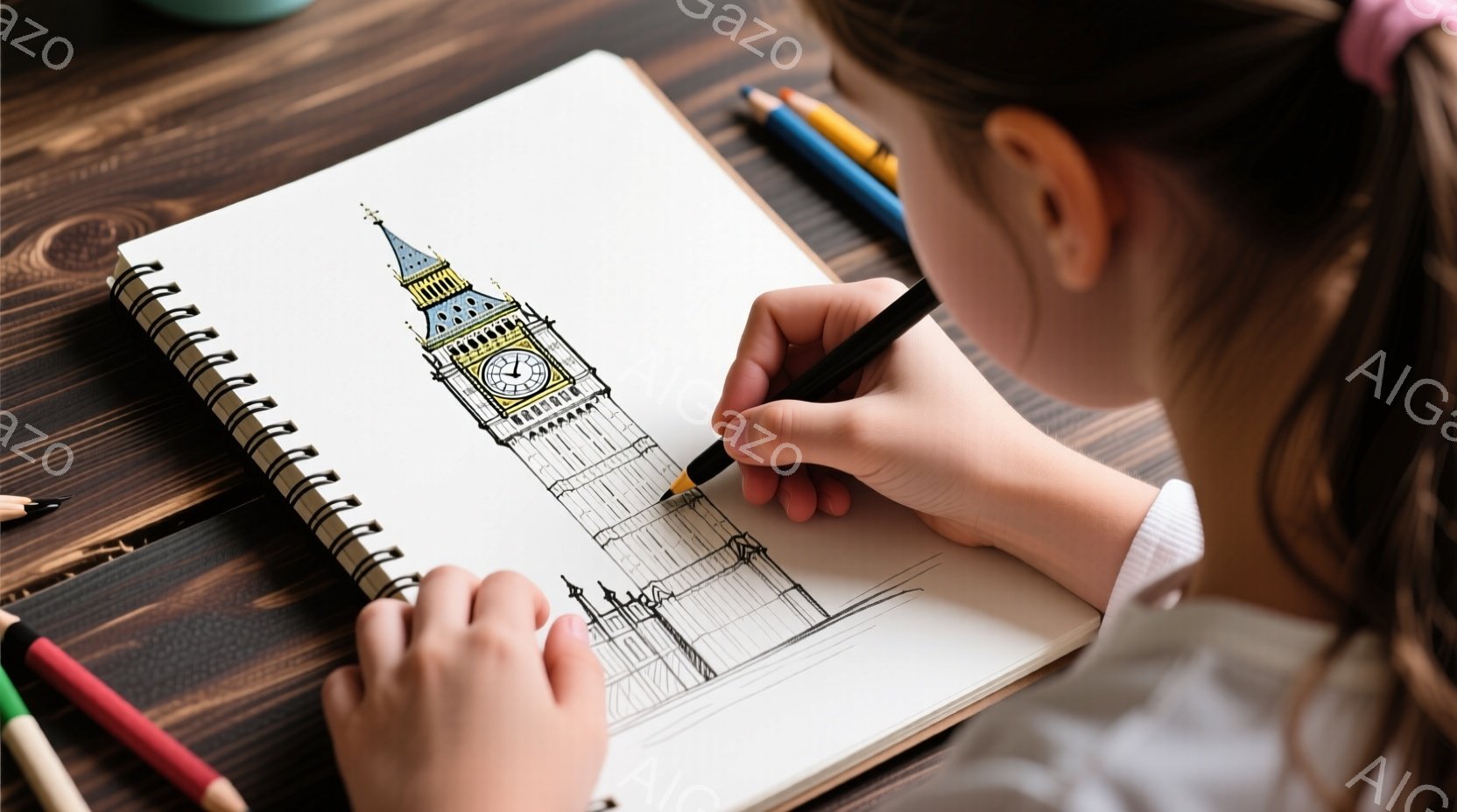一人の少女が、ビクトリア調の建物（ビッグ・ベンと思われる）の線画を描いている様子が写っている。彼女はピンク色のヘアバンドをつけており、茶色の髪が肩まで伸びている。机の上には、鉛筆や色鉛筆が散らばっており、木目のテーブルが暖かく落ち着いた雰囲気を醸し出している。