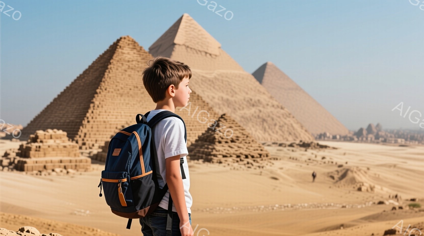 少年は、デニムのジーンズと白いTシャツを着て、紺色のリュックサックを背負っています。彼は左を向き、遠くのピラミッドを見つめており、少し物憂げな表情をしています。背景には、砂漠の中にそびえ立つ古代エジプトのピラミッド群と、晴天の下の乾燥した風景が広がっています。