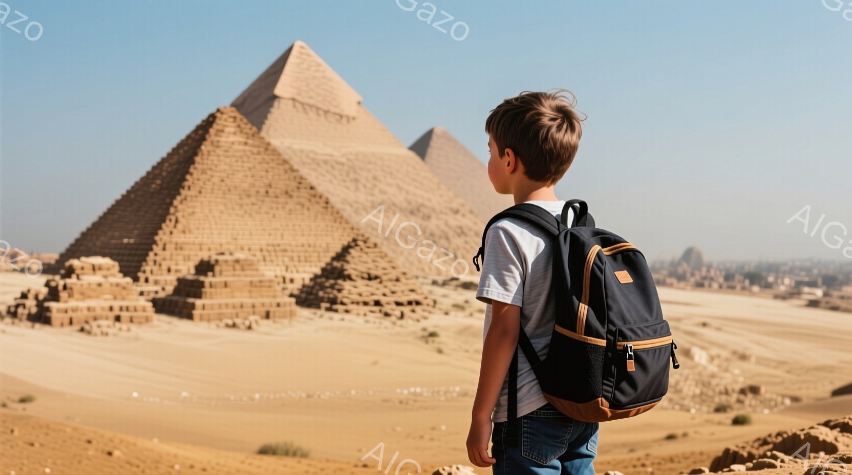 茶髪の少年が、肩に黒と茶色のバックパックを背負い、砂漠の中にそびえ立つピラミッドを眺めている。少年はデニムのズボンに白いTシャツを着ており、背中を向けているため表情ははっきりしないが、冒険心と好奇心を感じさせる。背景には広大な砂漠と、遠くに見える街並みが広がり、晴天の下、古代エジプトの神秘的な雰囲気を醸し出している。