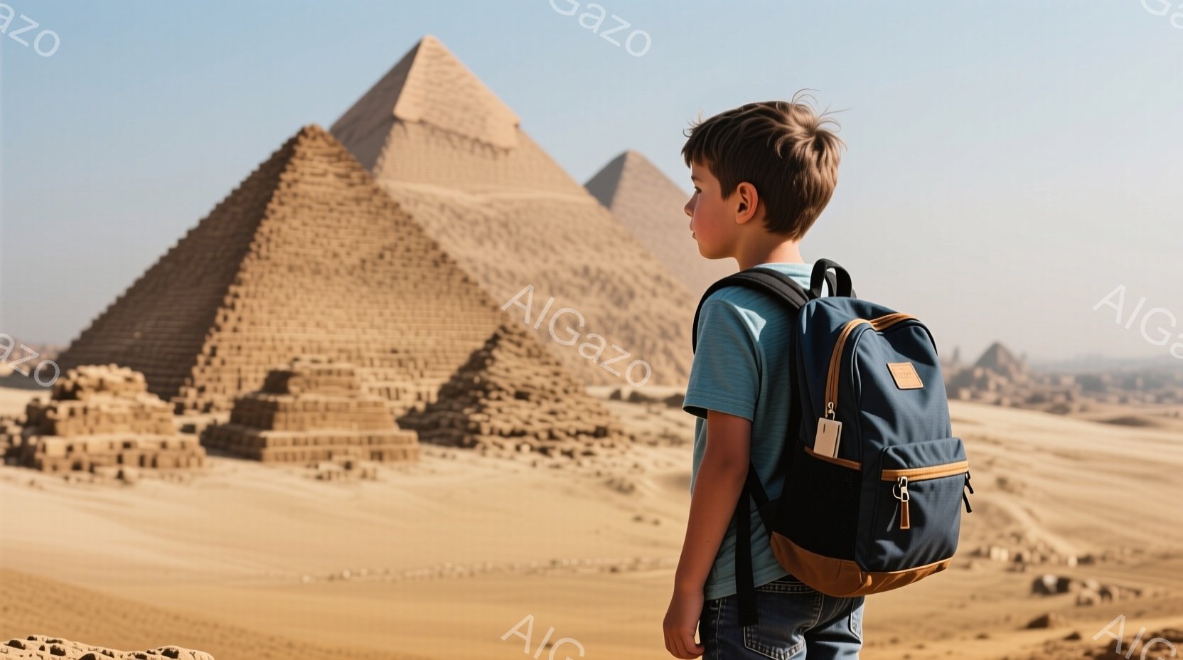 見渡す限りの砂漠の中に、古代エジプトのピラミッドがそびえ立っています。少年は青いTシャツとジーンズを着て、紺色のリュックサックを背負い、後ろを振り返らず遠くのピラミッドを見つめています。晴れた空と照りつける太陽が、古代の遺跡と少年の冒険心を強調しています。