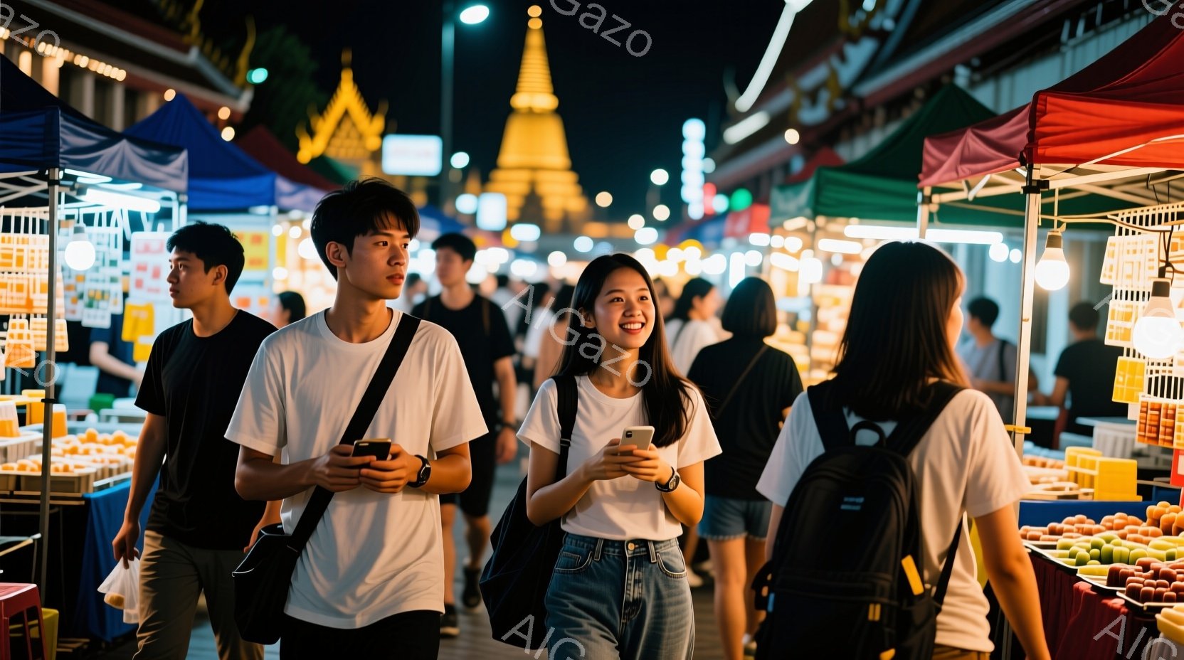 白いTシャツを着た若い男女が、ナイトマーケットのような場所を歩いている。男性は片手にスマートフォンを持ち、やや真剣な表情をしているのに対し、女性は微笑みながらスマートフォンを見ている。背景には屋台や人々で賑わい、遠くには美しい塔が見え、活気ある夜の雰囲気が漂っている。