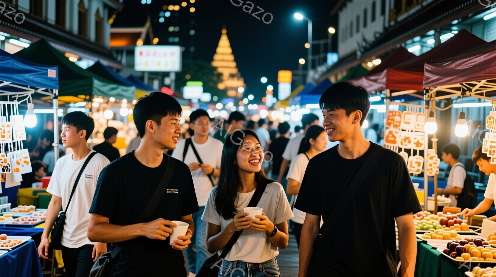 ナイトマーケットで楽しそうにしている3人の若い女性と男性が写っています。彼らは皆、カジュアルな服装で、白いTシャツに黒いバッグを背負っており、笑顔で互いに向き合っています。背景には、色とりどりの屋台が - AI生成フリー素材