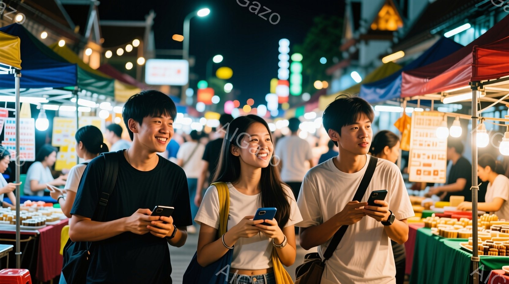 3人の若い女性と男性が、賑やかなナイトマーケットを歩いています。彼らは皆白いTシャツを着ており、それぞれスマートフォンを手に持っています。背景には、カラフルな屋台が並び、たくさんの人々が歩き回っており、活気に満ちた夜の雰囲気が漂っています。