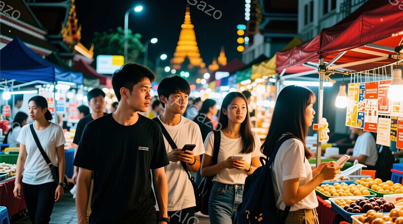 夜の市場を歩く若い男女が写っている。男性は黒いTシャツ、女性は白いTシャツとジーンズというカジュアルな服装で、それぞれスマートフォンを手にしている。背景には屋台が並び、カラフルな光が灯り、遠くには黄金色の寺院が見え、活気のある市場の雰囲気が伝わってくる。