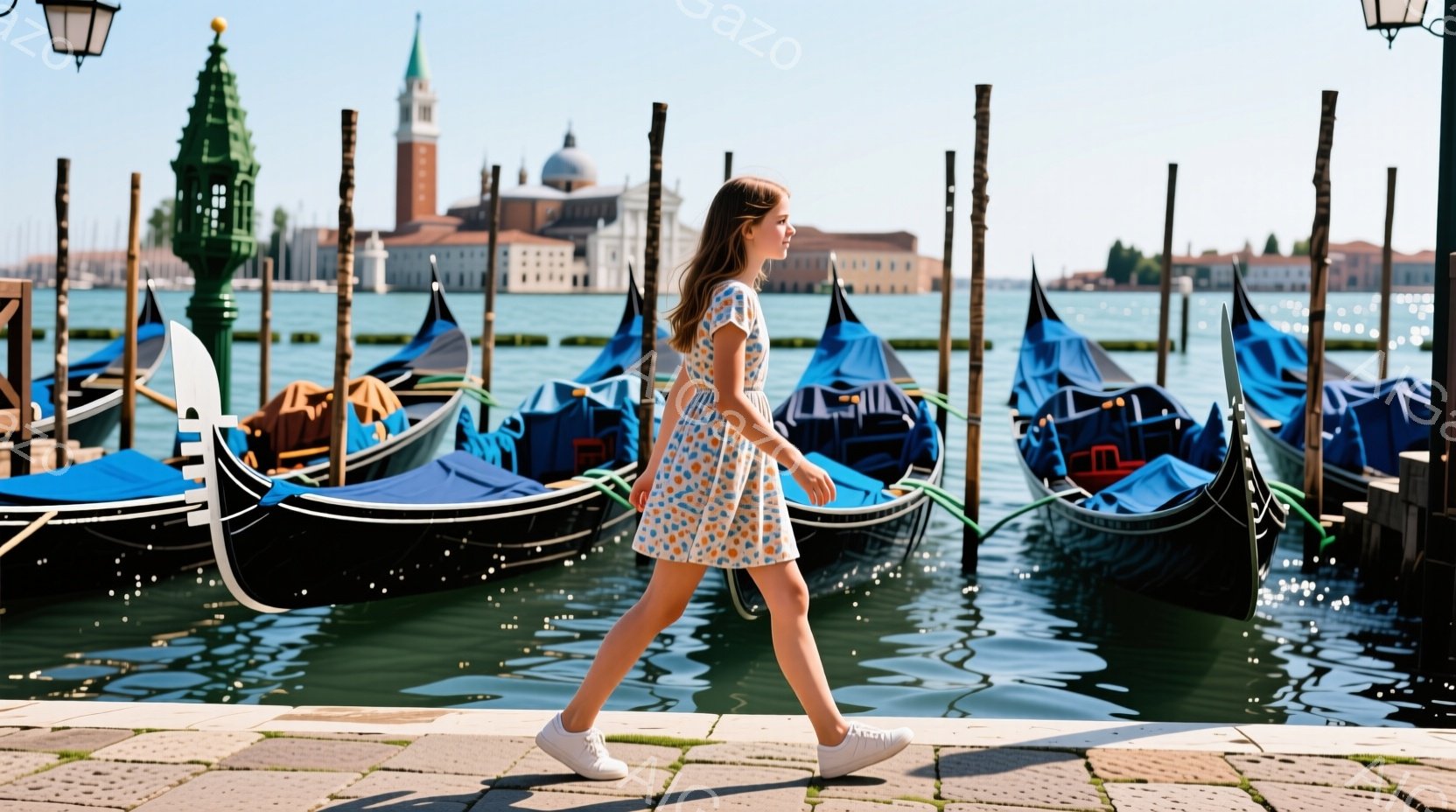 金髪の女性が、ヴェネツィアの運河沿いの石畳の道を進んでおり、明るい黄色の花柄の短いワンピースと白いスニーカーを履いている。彼女はリラックスした姿勢で歩いており、背景にはゴンドラが並び、遠くにはヴェネツィアの象徴的な建物が見える晴れた空の下、水の反射が美しい穏やかな雰囲気の画像である。