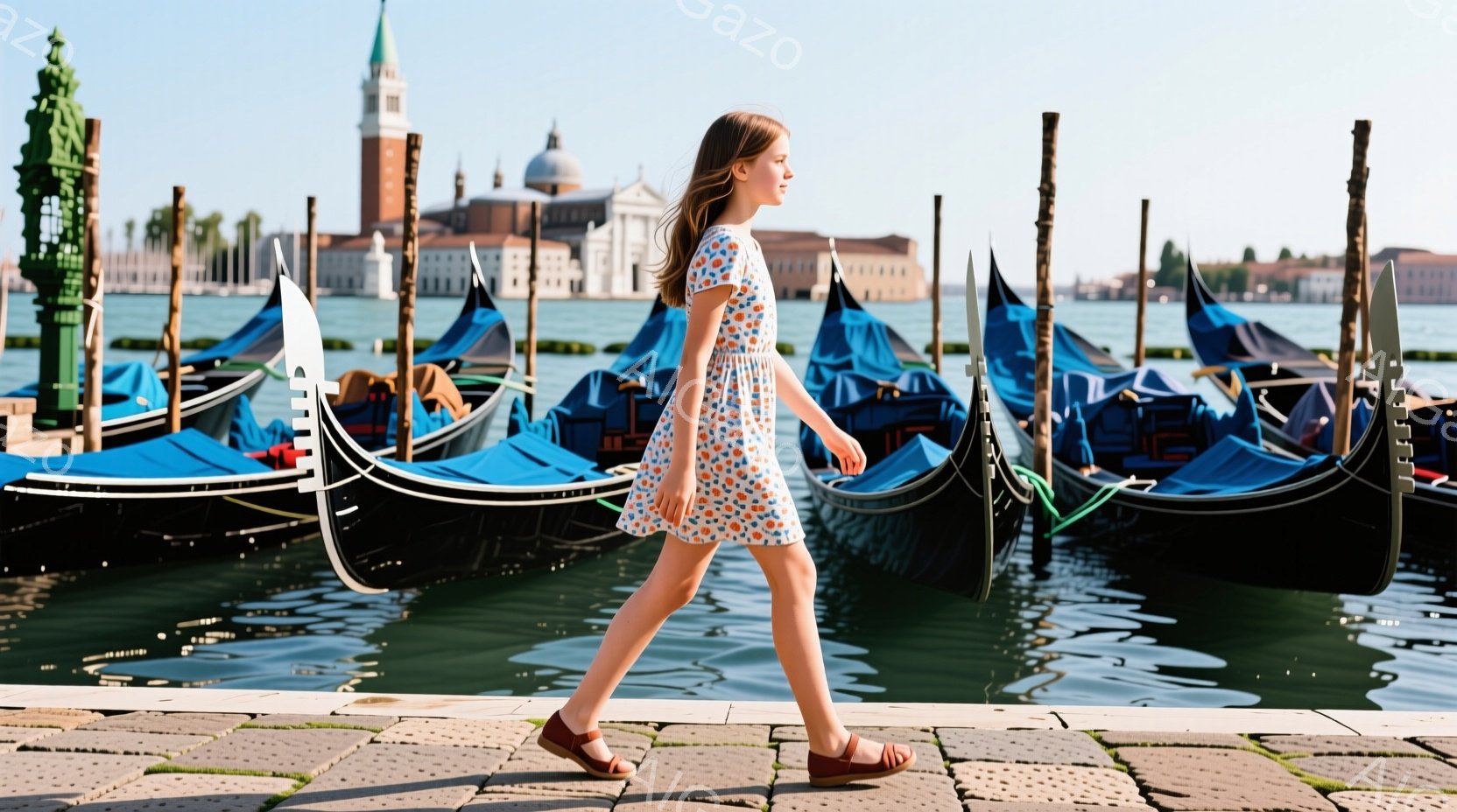 金髪の女性が花柄のワンピースと赤いサンダルを履いて、石畳の道の上を歩いている。背景には青いゴンドラが並び、ヴェネツィアの建物と晴れた空が広がっている。穏やかな光と水面に映るゴンドラが、静かで美しい雰囲 - AI生成フリー素材