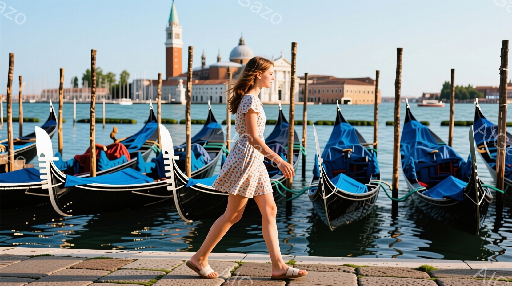 鮮やかな青色のゴンドラが並ぶ水路のそばを、花柄のワンピースを着た女性が歩いている。彼女は髪を軽く巻いており、サンダルを履いてリラックスした様子で歩いている。背景には、ヴェネツィアの美しい建物群と、穏やかな水面が広がり、晴れた空の下、平和で優雅な雰囲気が漂う。