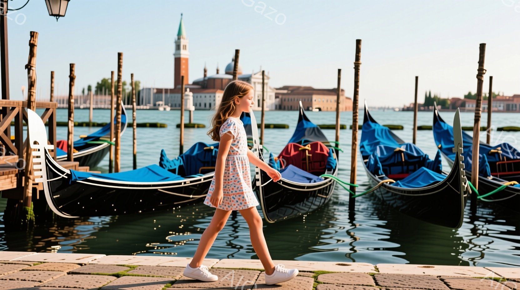 少女は、花柄の短いワンピースと白いスニーカーを身につけ、水路沿いの石畳の道を歩いています。彼女は髪を後ろで結び、動きながら正面を見ています。背景には、青い水面に停泊したゴンドラが並び、遠くにはヴェネツ - AI生成フリー素材