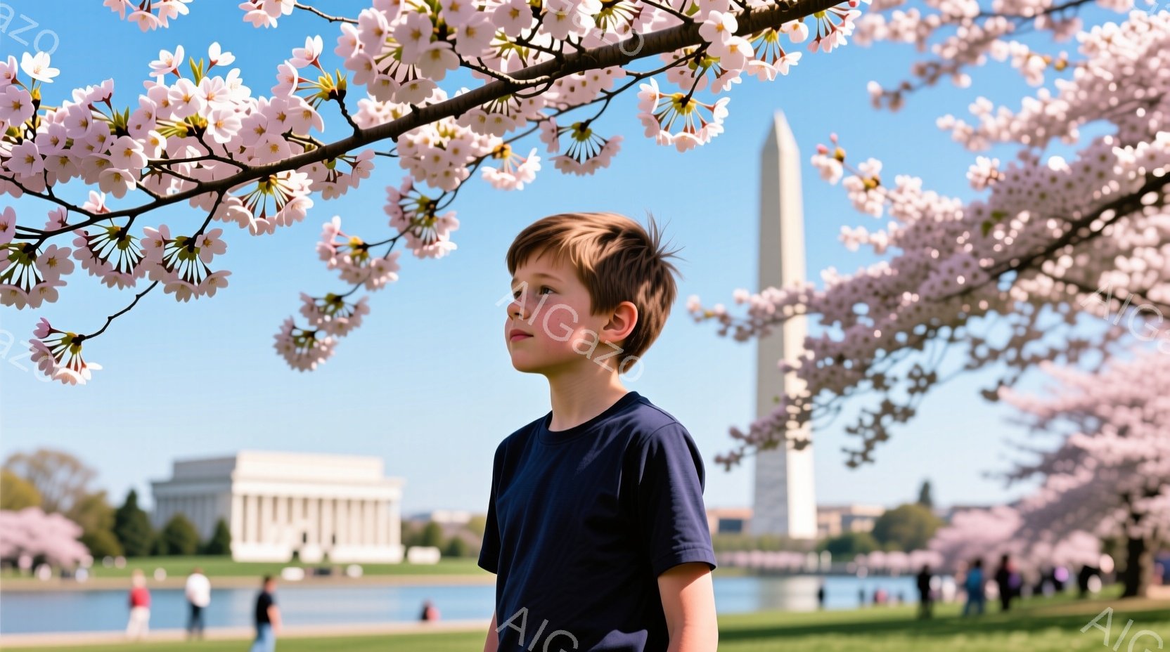 若い少年が青いTシャツを着て、少し上を見ている。背景にはワシントン記念碑と、桜並木が広がる公園が見え、春の穏やかな一日を表している。桜の花びらが画面の上部に配置され、少年と美しい風景を縁取っている。