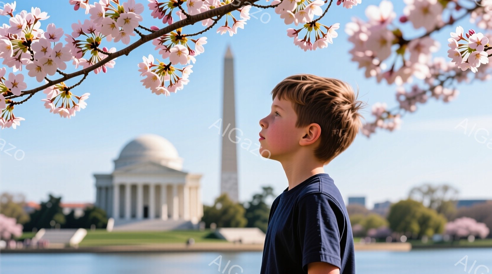 若い少年が紺色のTシャツを着て、横顔でこちらを見ている。背景にはワシントン記念塔や円形の建物が見え、穏やかな水面が広がっている。桜の花びらが画面の上部に咲き誇り、春の暖かく穏やかな雰囲気を醸し出している。