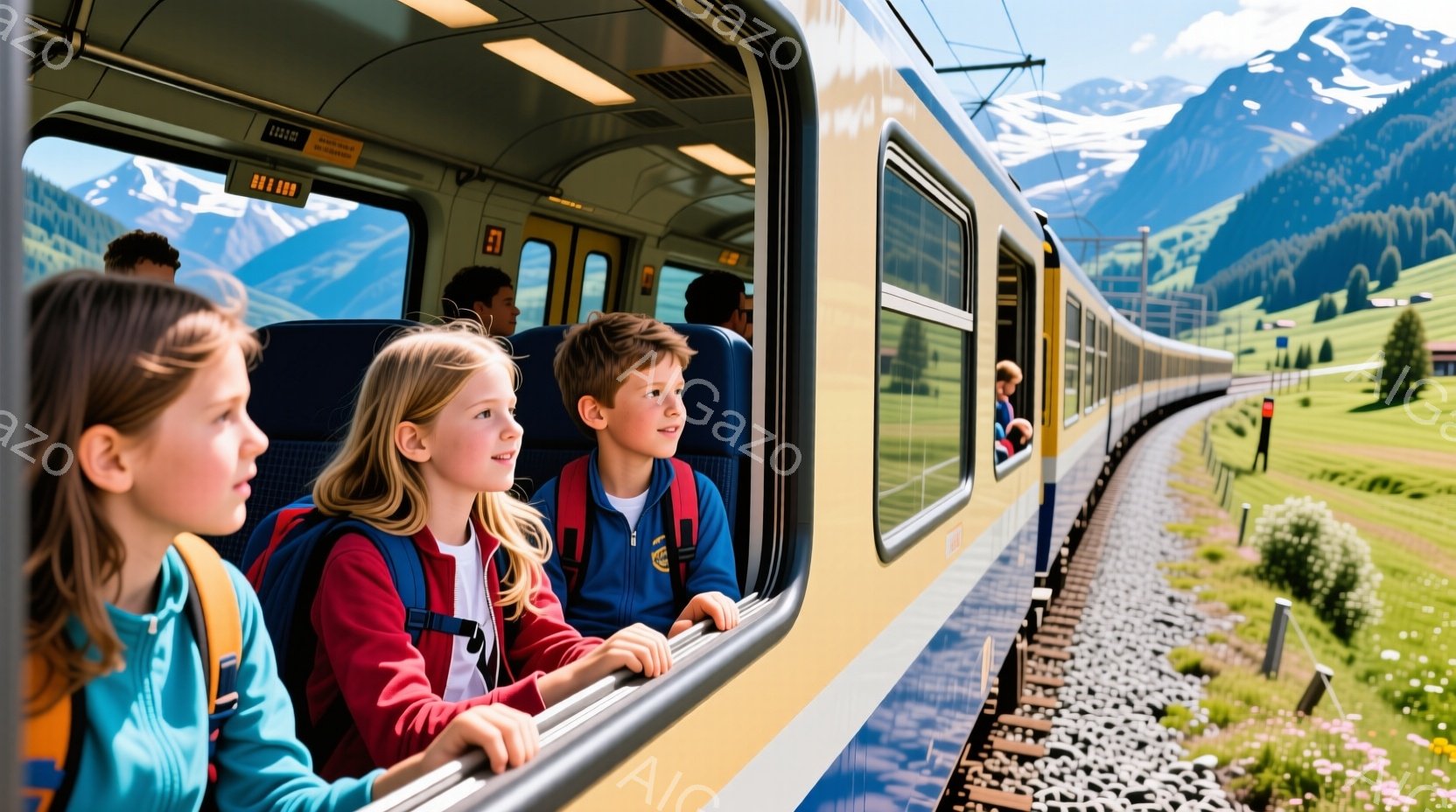 鉄道の車窓から、3人の子供たちが美しい景色を眺めている。女の子はターコイズブルーのシャツを着ており、金髪の女の子と茶髪の男の子は白いシャツに赤いバックパックを背負っている。背景には緑豊かな草原、山々、そして晴天が広がり、子供たちの表情は喜びと興奮に満ちている。