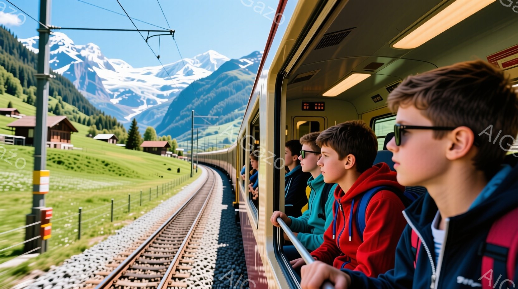 列車の窓から、少年たちが風景を眺めている様子が写っている。少年たちはそれぞれ異なる色のパーカーを着ており、髪型も多様である。背景には緑豊かな牧草地、木々、そして雪を抱いた山々が広がり、晴天の空が広がっている。