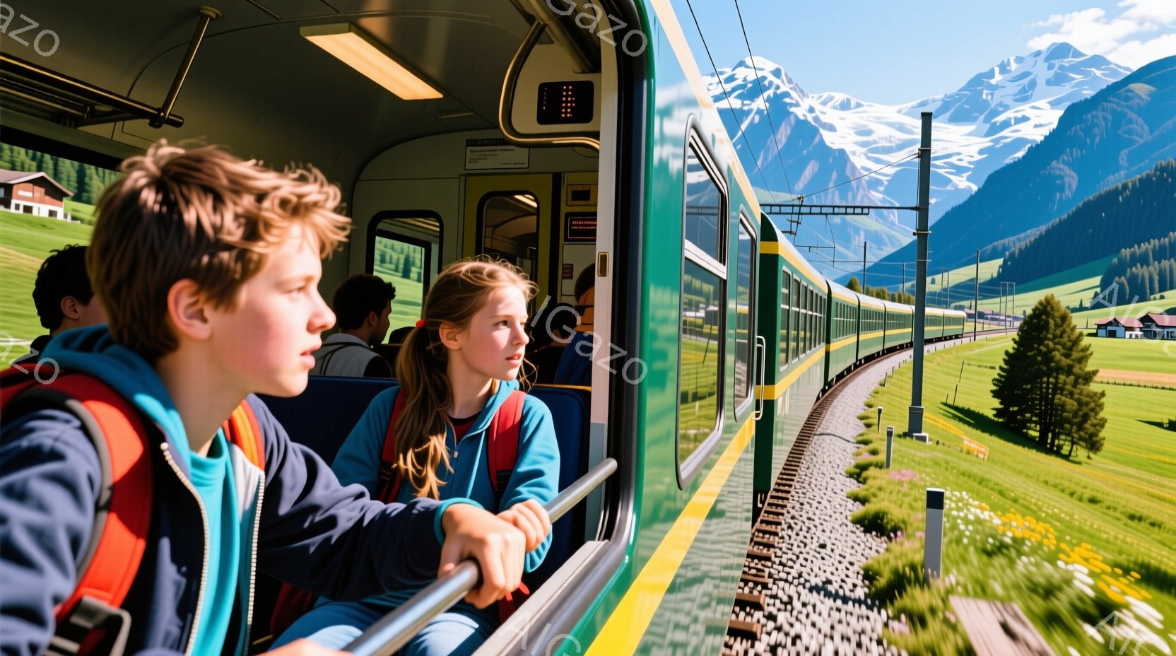 若い少年少女が緑色の列車から窓の外を眺めている。少年は青いシャツに赤いベスト、少女は青いセーターを着ており、明るい日差しの中で、山々や緑豊かな牧草地、点在する建物が見える美しい景色を堪能しているようだ - AI生成フリー素材