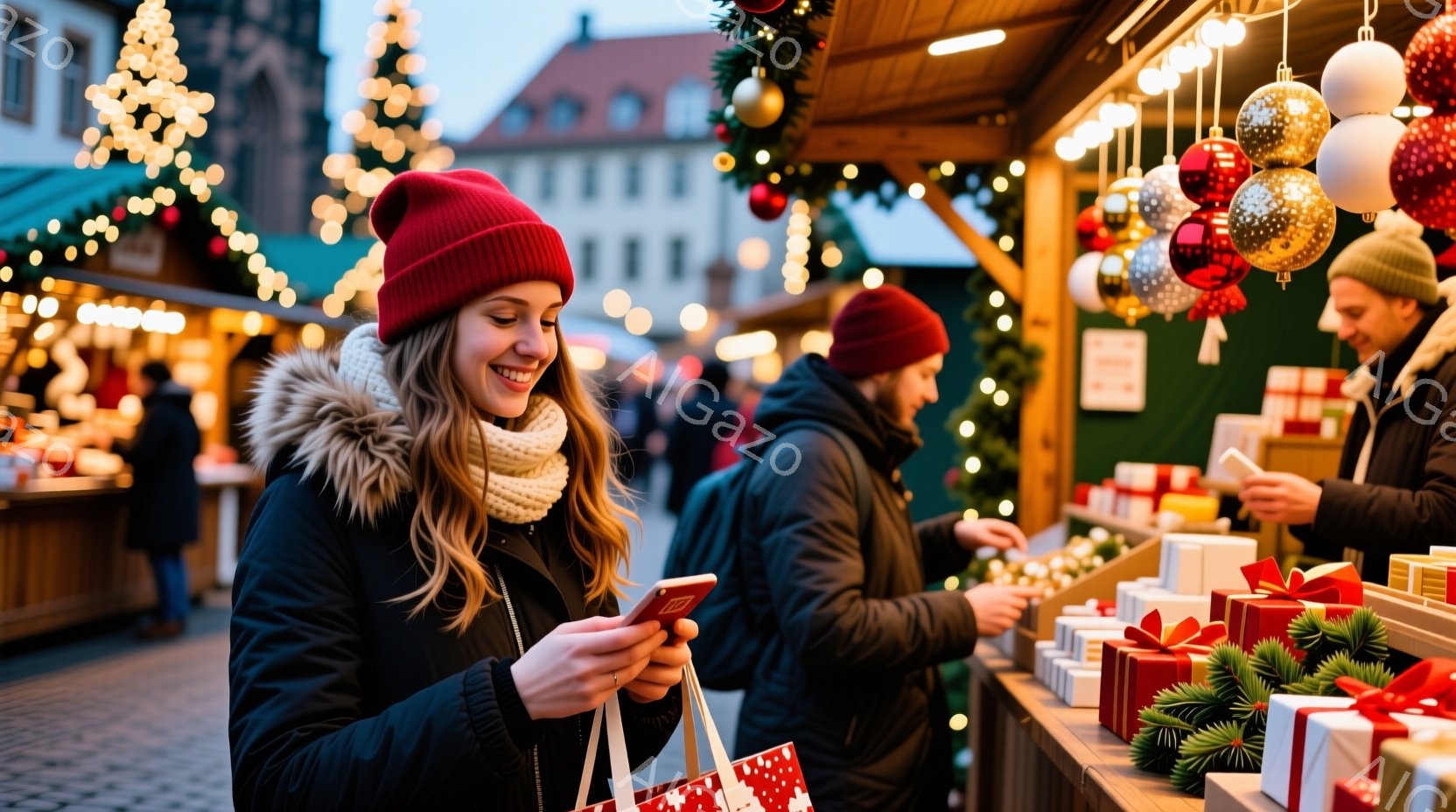 クリスマスマーケットで、赤いニット帽をかぶり、黒い冬用ジャケットを着た若い女性がスマートフォンを見つめています。彼女はショッピングバッグを持っており、笑顔で楽しそうに買い物をしています。背景には、クリスマスオーナメントで飾られた屋台や、遠くに見える建物があり、暖かい光に包まれた華やかな雰囲気です。