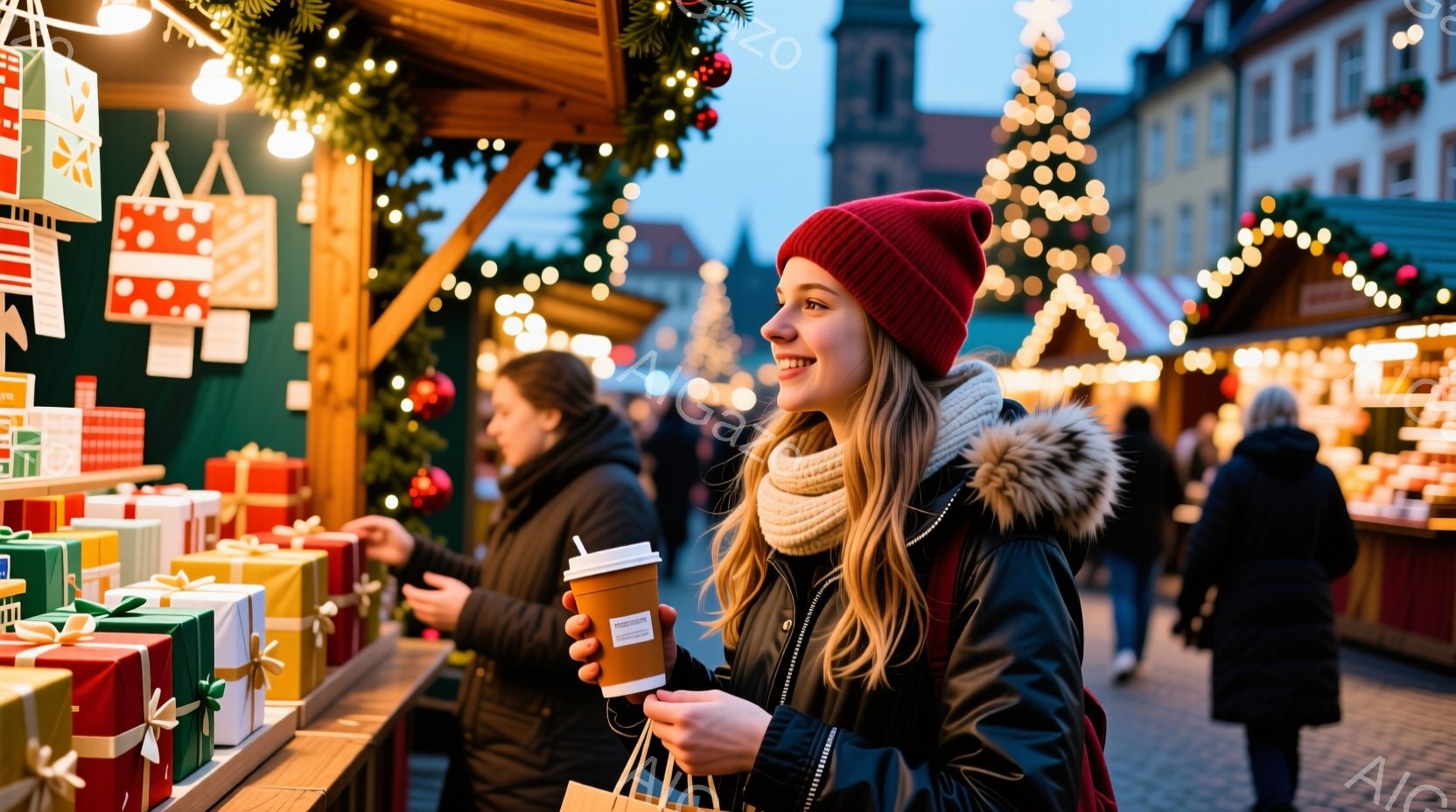 鮮やかな赤いニット帽をかぶった若い女性が、温かい飲み物を片手に微笑んでいます。彼女は黒いファー付きのジャケットとバックパックを身に着け、クリスマスの市場で賑やかな雰囲気を楽しんでいるようです。背景には、クリスマスツリーや装飾が施された建物がぼやけ、華やかな冬の日の光景が広がっています。