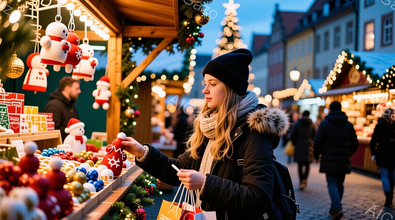 女性は黒いニット帽と黒い冬用ジャケットを着て、クリスマスの飾りを手に取って見ています。彼女は長い金髪を肩から下まで垂らし、真剣な表情で装飾品を選んでいます。背景にはクリスマスマーケットの賑わいがあり、建物が並び、温かい光で飾られた様子が、冬の夜の温かい雰囲気を醸し出しています。
