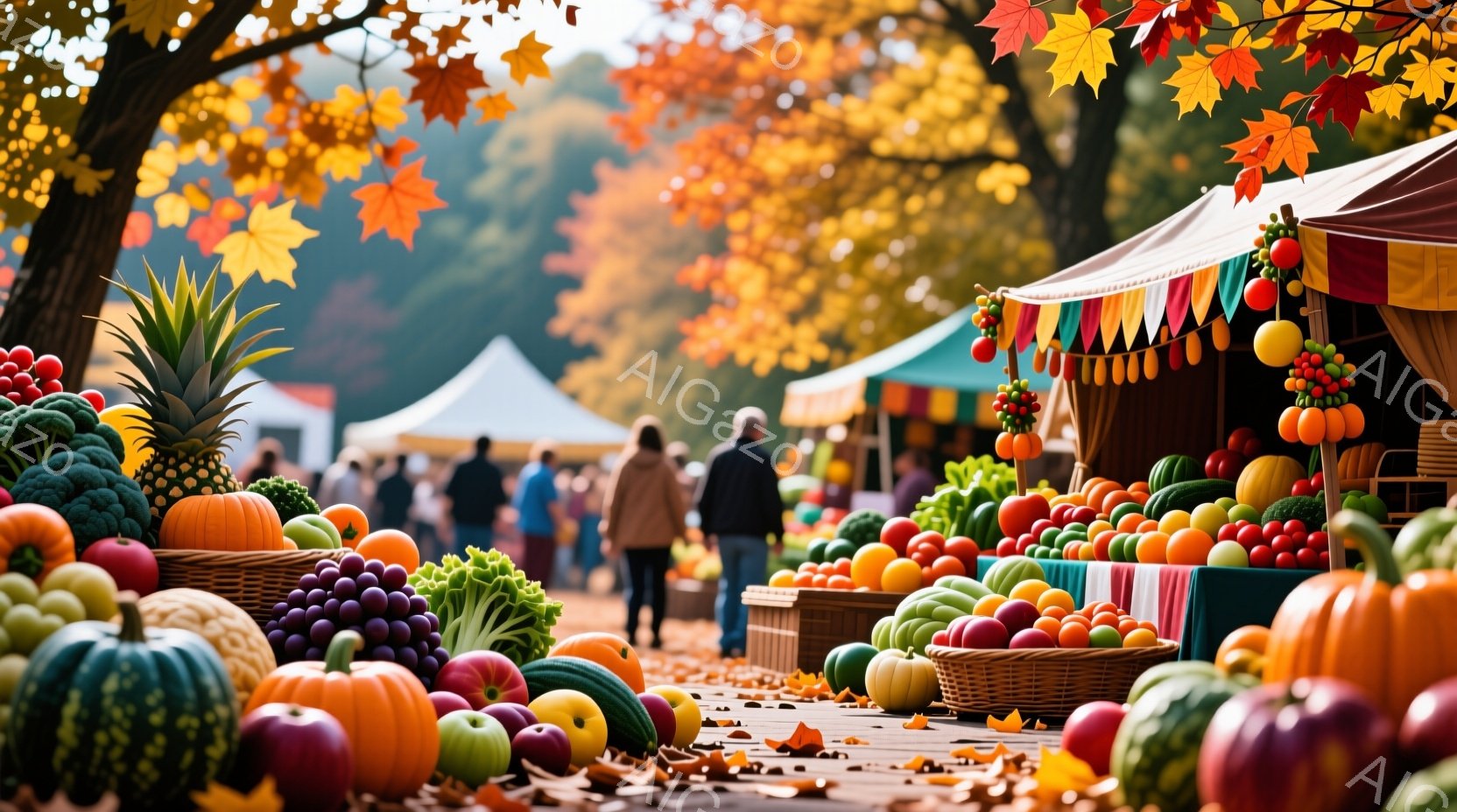 色とりどりの野菜や果物が並べられた市場の様子が描かれています。人々は後ろ姿でしか見えず、カジュアルな服装で市場を歩いています。背景にはテントと木々が見え、落ち葉が敷き詰められた道が秋の雰囲気を醸し出しています。