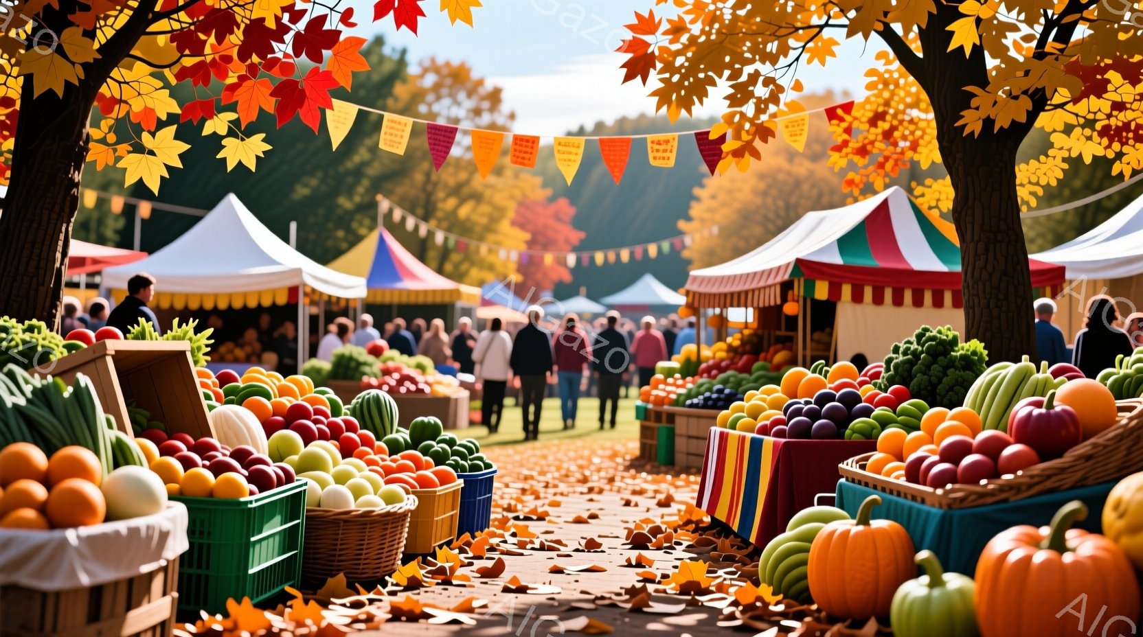 色とりどりの野菜や果物が並ぶ市場の様子が写っている。人々はカジュアルな服装で、市場を散策したり、商品を選んだりしている。背景には緑の芝生と木々が見え、鮮やかな紅葉が秋の季節感を漂わせている。