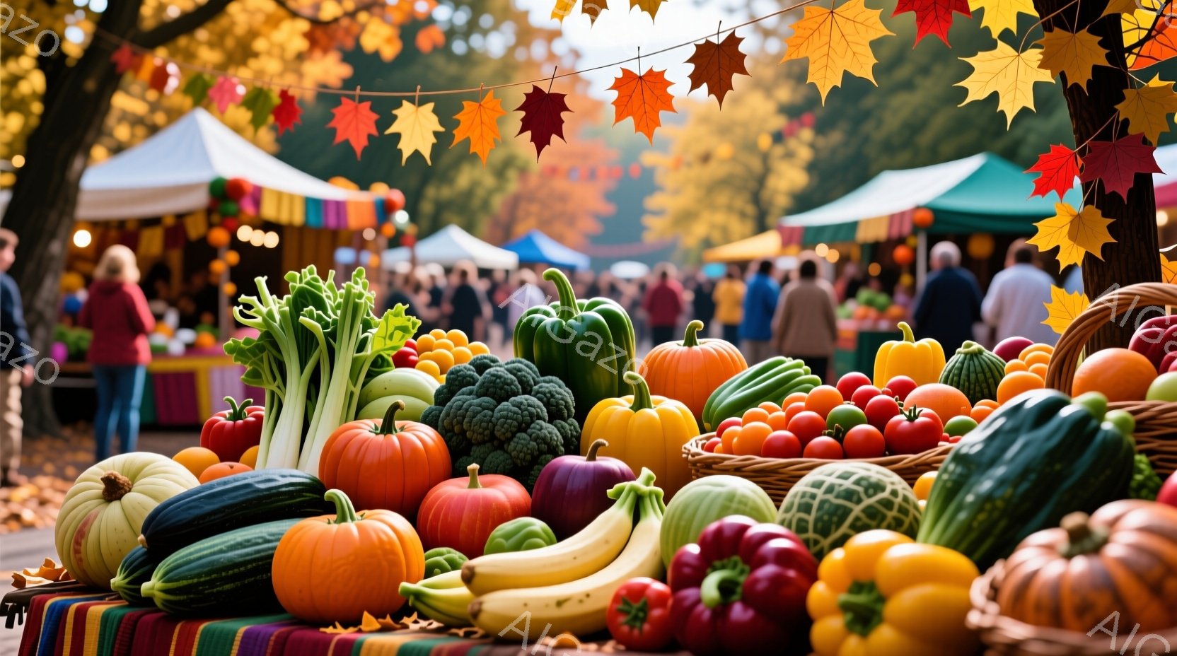 色とりどりの野菜や果物が、市場のテーブルに山積みにされています。背景には、テントや人々が見え、秋の収穫祭のような賑やかな雰囲気が漂っています。鮮やかな色彩と自然光が相まって、温かく活気のある光景です。