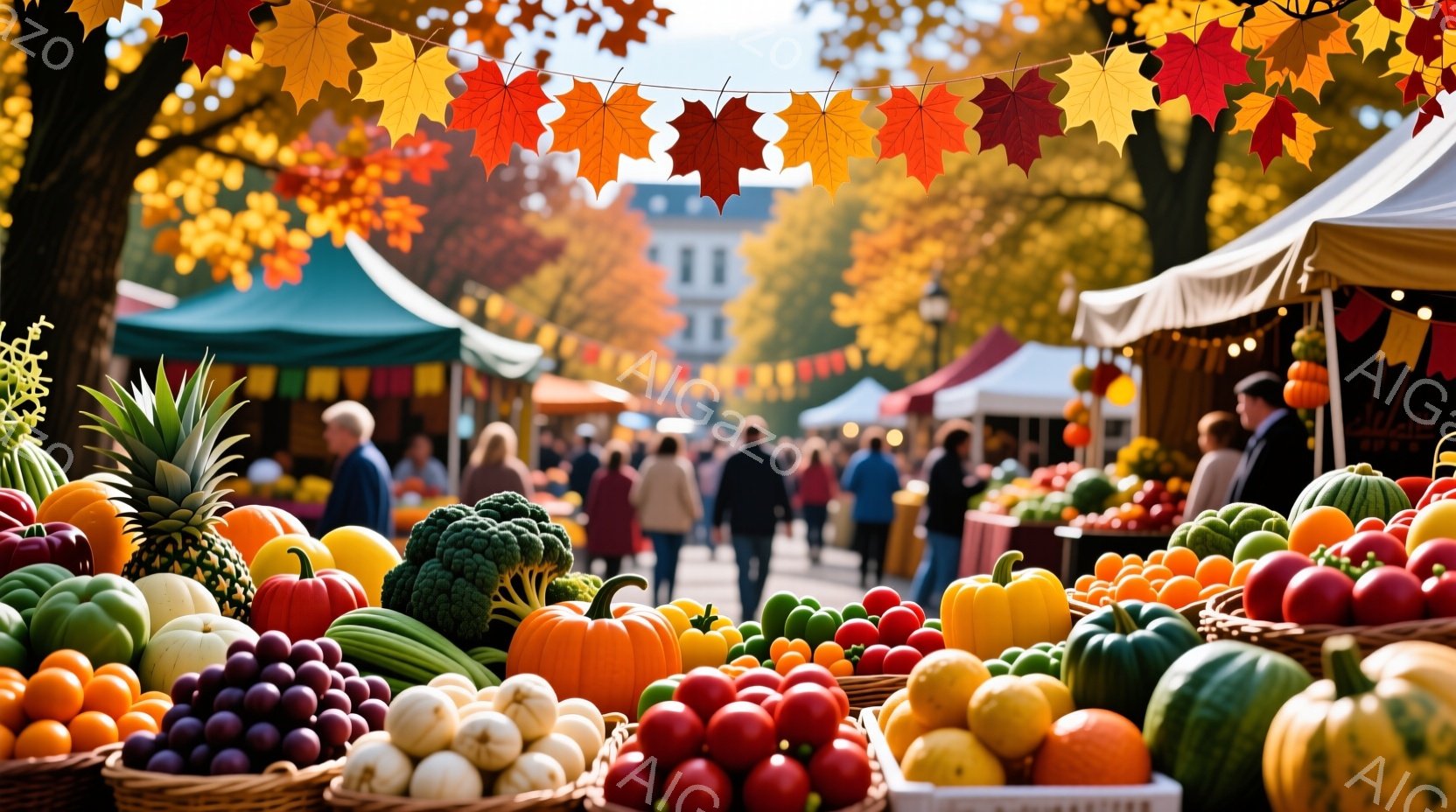 鮮やかな色の果物や野菜が並べられた市場の様子で、手前にはブロッコリー、トマト、柿、ブドウなどが山積みにされています。背景には、テント屋台が立ち並び、多くの人々が歩き回っており、遠くには建物が見え、秋らしい紅葉の飾り付けがされています。全体的に暖かく、活気のある秋の収穫祭のような雰囲気が漂っています。