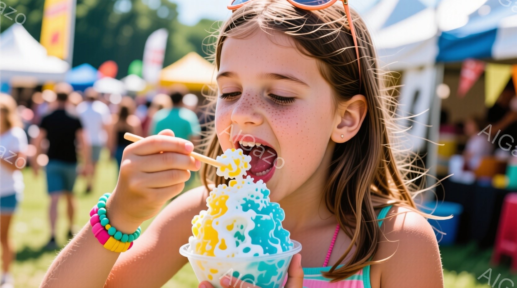 長い茶色の髪に、ピンクのストライプのトップスを着た少女が、カラフルなかき氷を美味しそうに食べています。彼女の頬にはそばかすがあり、開いた口元からは喜びが伝わってきます。背景には緑の芝生と、様々な色のテントが見え、屋外イベントのような賑やかな雰囲気が漂っています。