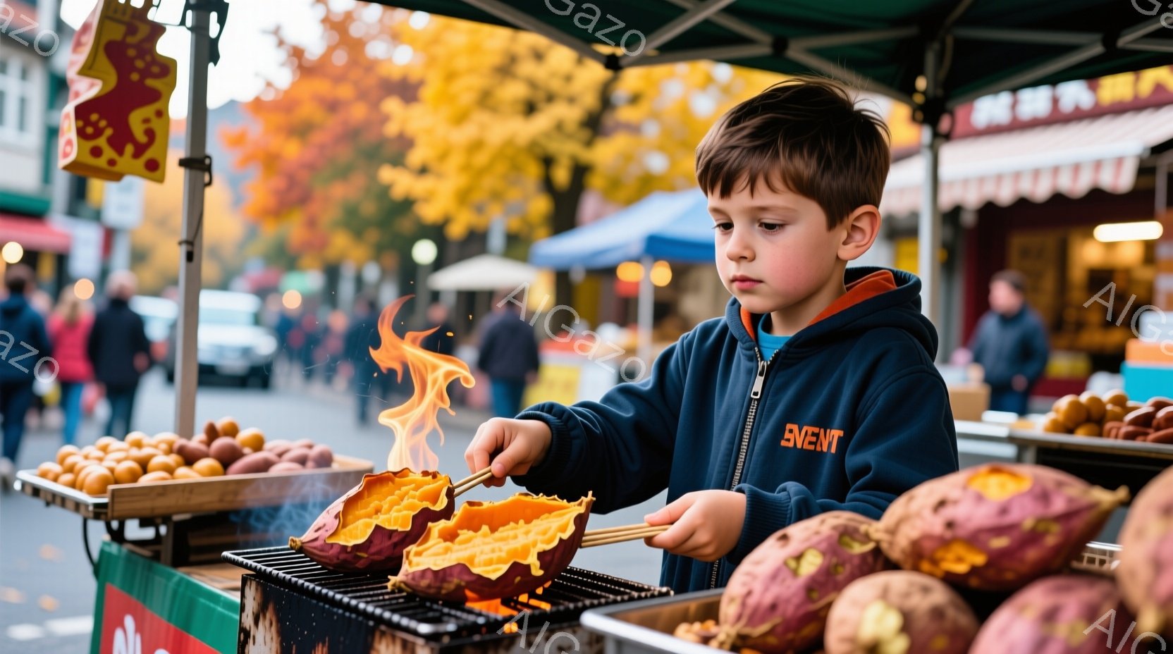 少年は屋台で焼き芋を調理している。彼は青いパーカーを着ており、ダークブラウンの髪は短くカットされている。背景には、色とりどりの葉が茂る木々や建物が見え、秋の夕暮れのような、暖かく活気のある雰囲気を感じ - AI生成フリー素材