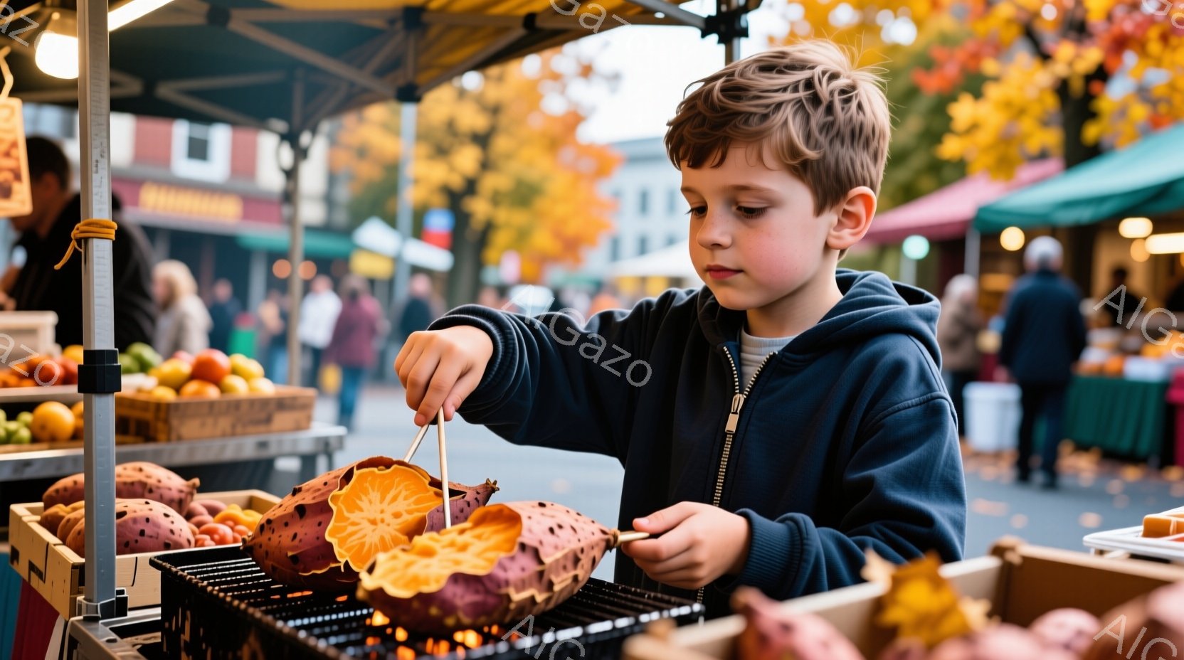少年は、露店でさつまいもを手に取って調べています。濃い青色のパーカーを着ており、髪は短く巻いていて、集中した表情でさつまいもの皮を剥がそうとしています。背景には、秋の色彩が豊かな木々や建物が見え、賑やかな市場の様子が伺えます。