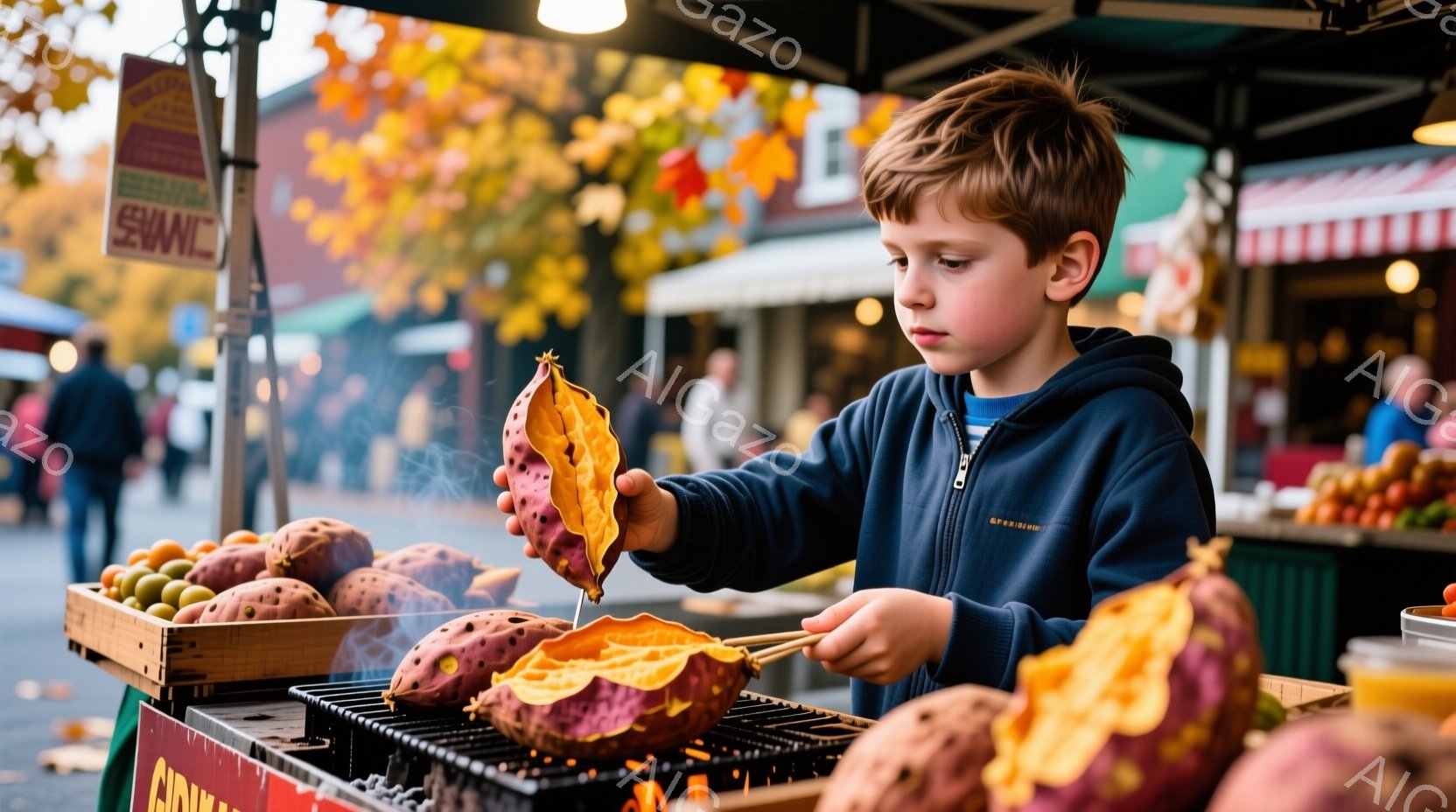 茶髪の少年が、屋台で焼き芋を手にしている。彼は紺色のパーカーを着ており、真剣な表情で芋を見つめている。背景には、秋の紅葉と、ぼやけた人々の姿が見え、屋台の周りには焼き芋が並んでいる。