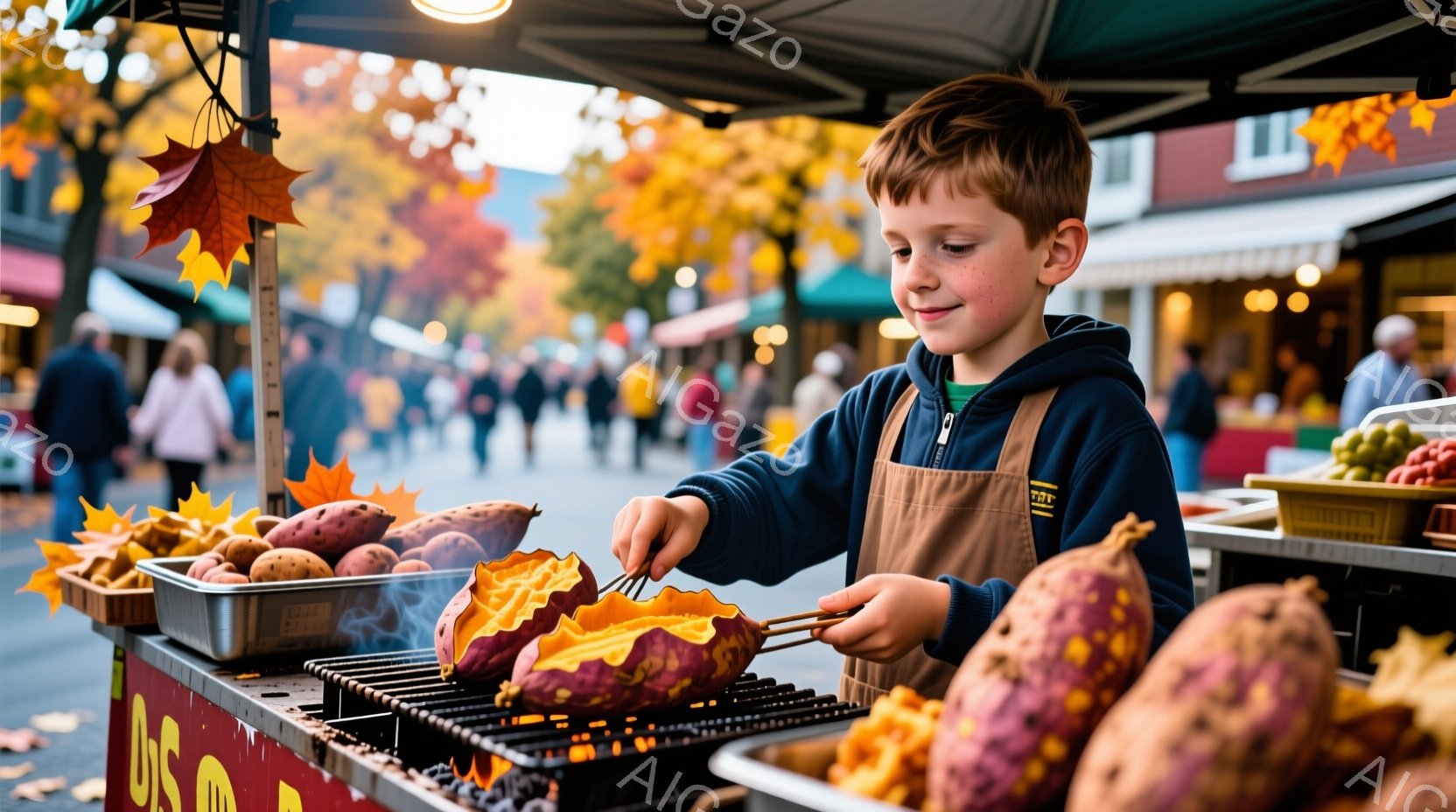 茶髪の少年がエプロンをつけて、焼き芋の屋台で芋を焼いている。彼は真剣な表情でトングを使って、熱々の芋を並べ、屋台にはたくさんの焼き芋が並んでいる。背景には秋の紅葉が美しい建物と人々が見え、屋台の周りには落ち葉が散らばり、秋の暖かく賑やかな祭りの雰囲気が漂っている。