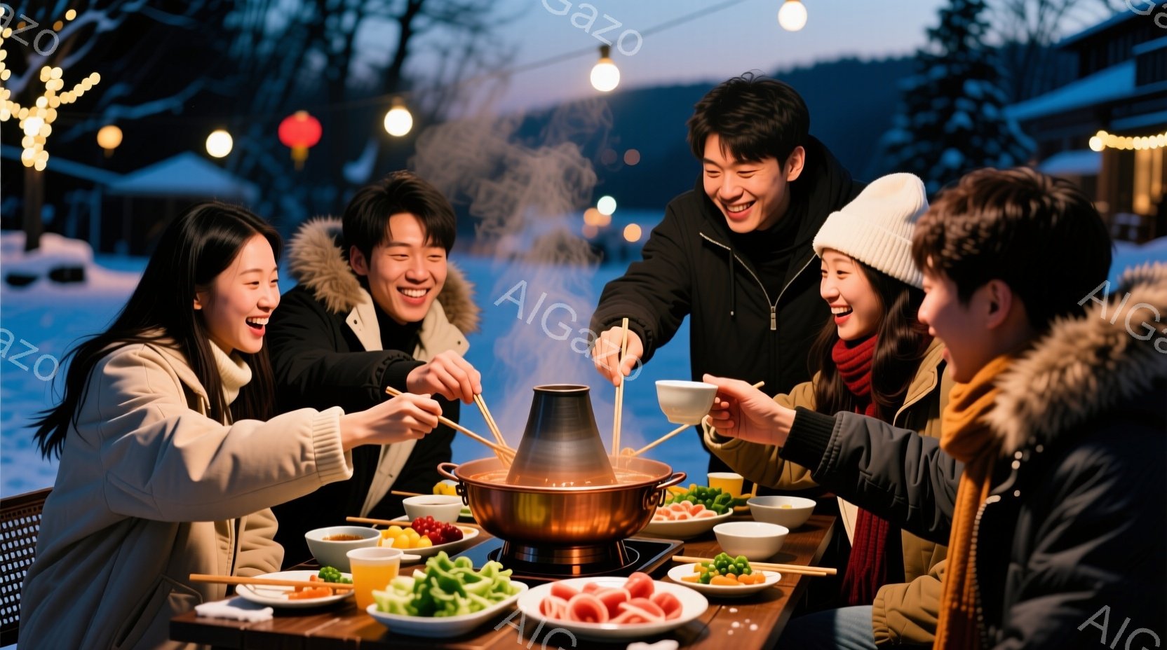 暖かい光に包まれた屋外の食卓を囲む、若い男女５人が写っています。皆、冬らしい厚手の服装で、笑顔を浮かべながら鍋料理を楽しんでいます。背景には雪景色が広がり、遠くには建物が見え、クリスマスのイルミネーションが輝き、温かく、幸せな雰囲気が漂っています。