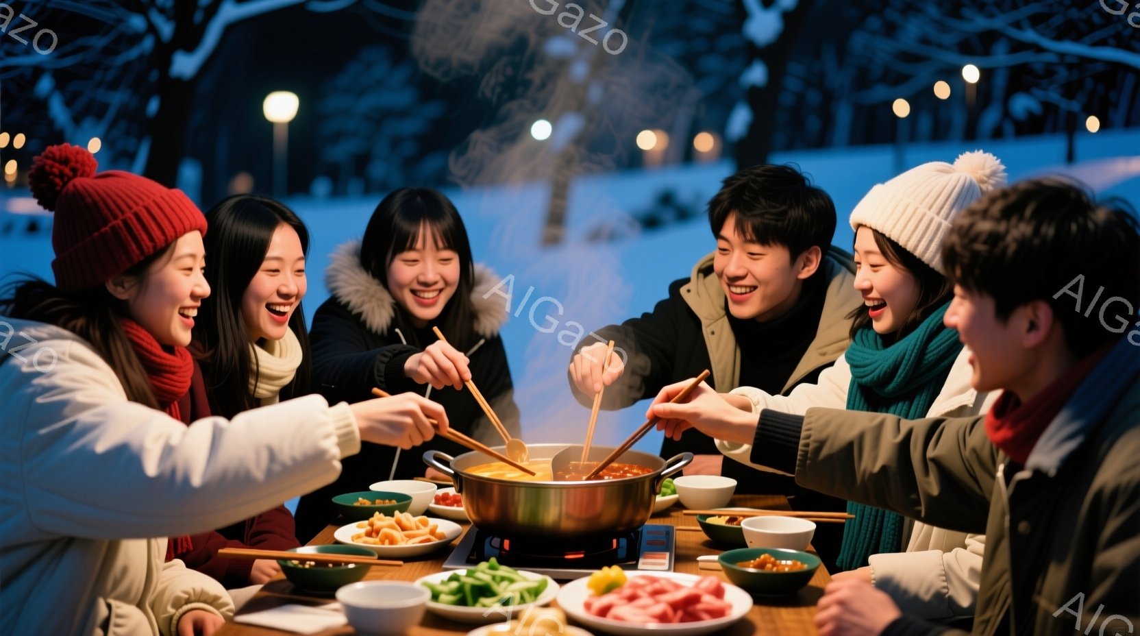 雪景色の中で鍋料理を楽しむ若者たちのグループが写っています。彼らは皆、厚手の冬服を着ており、ニット帽やマフラーで暖を取っています。笑顔が溢れており、鍋を囲んで楽しそうに食事をしている様子から、温かい、 - AI生成フリー素材